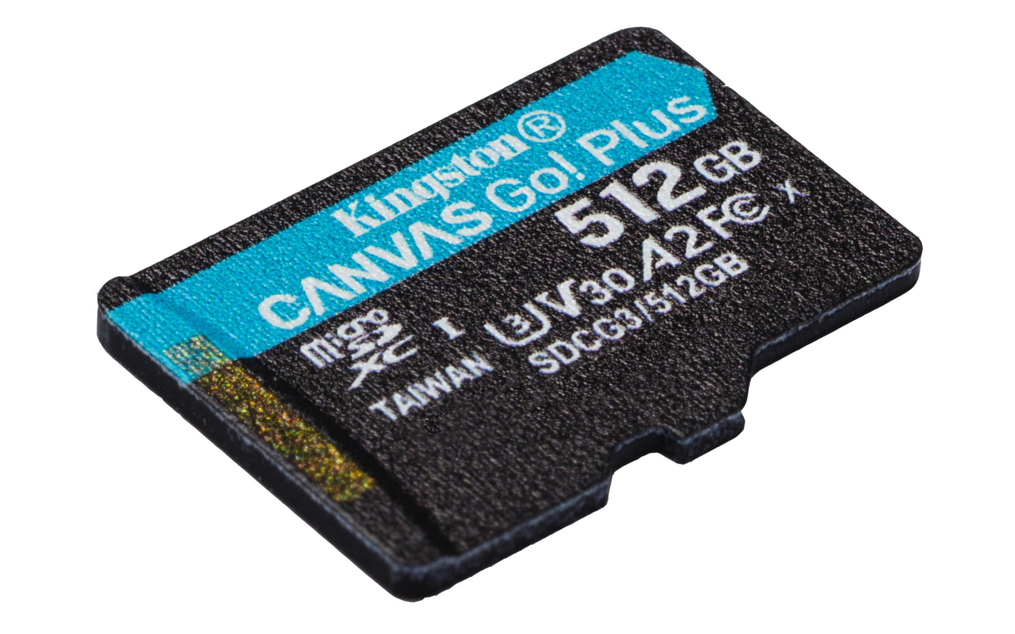 Zwarte microSD-kaart met blauwe en witte tekst. Kingston-logo en 512GB capaciteit zichtbaar.