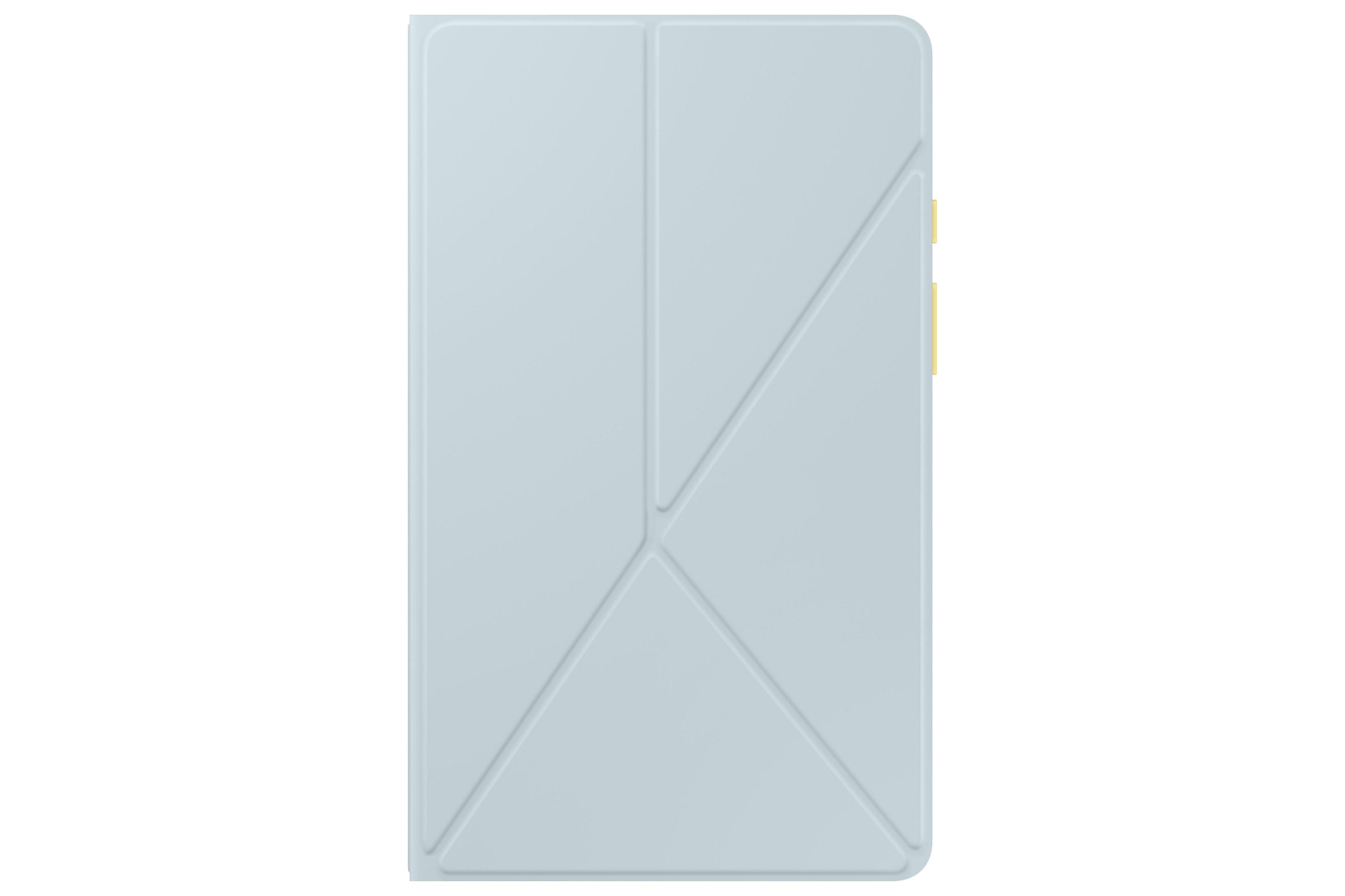 Une housse de tablette pliable bleu clair, dans un motif triangulaire. Avec des boutons jaunes sur le côté.