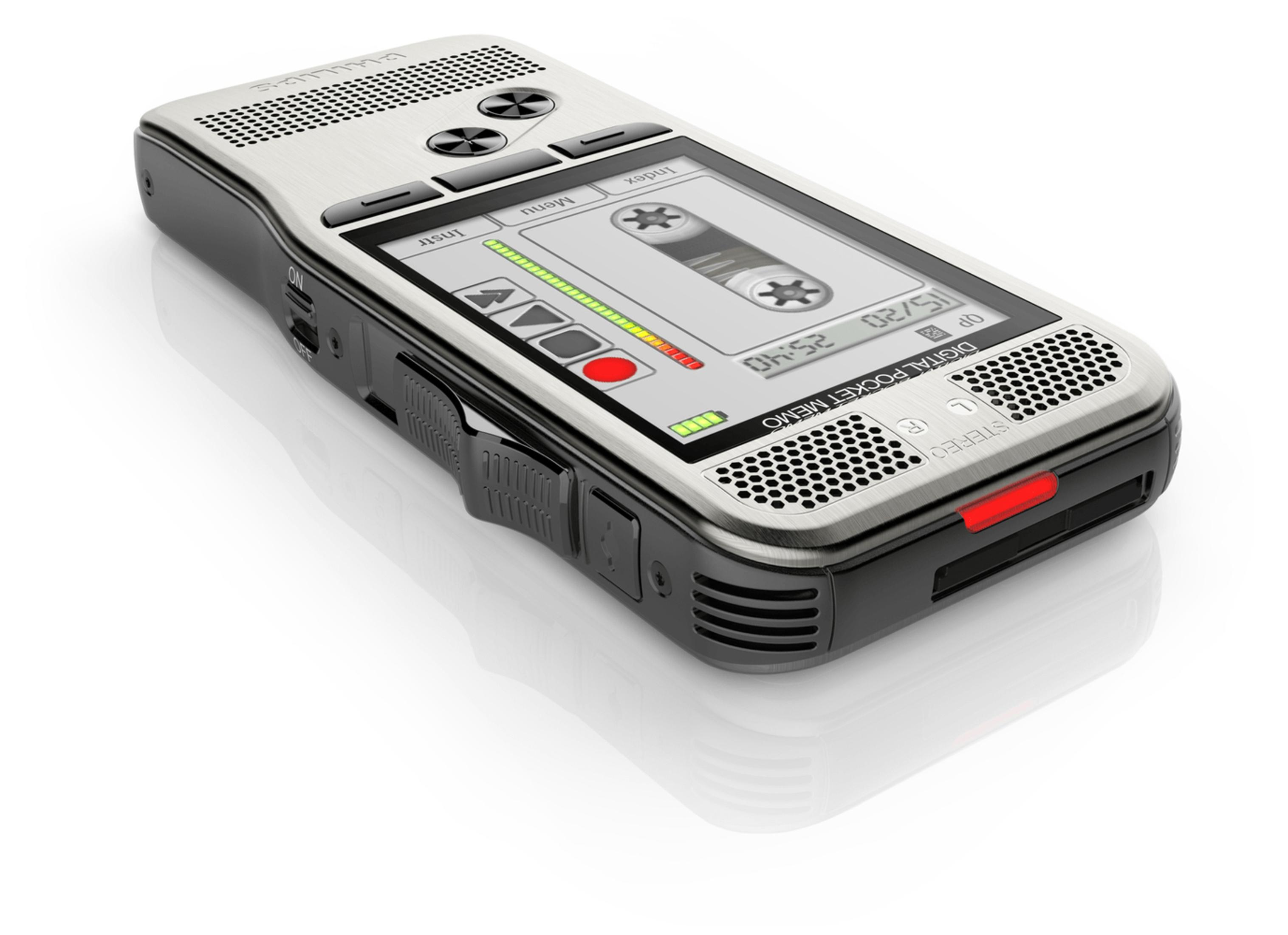 Grabadora de voz Digital Pocket Memo. Diseño plateado y negro, pantalla mostrando una grabación.