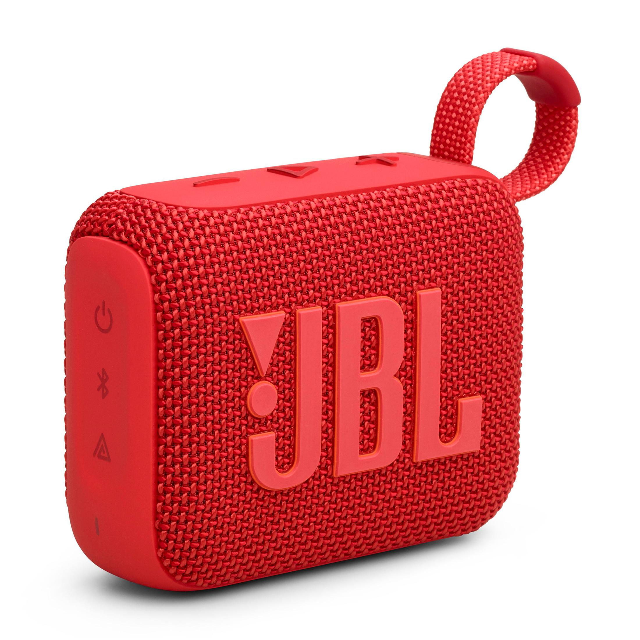 Czerwony głośnik JBL Go 3 z materiałowym wykończeniem, logo JBL i paskiem do przenoszenia.