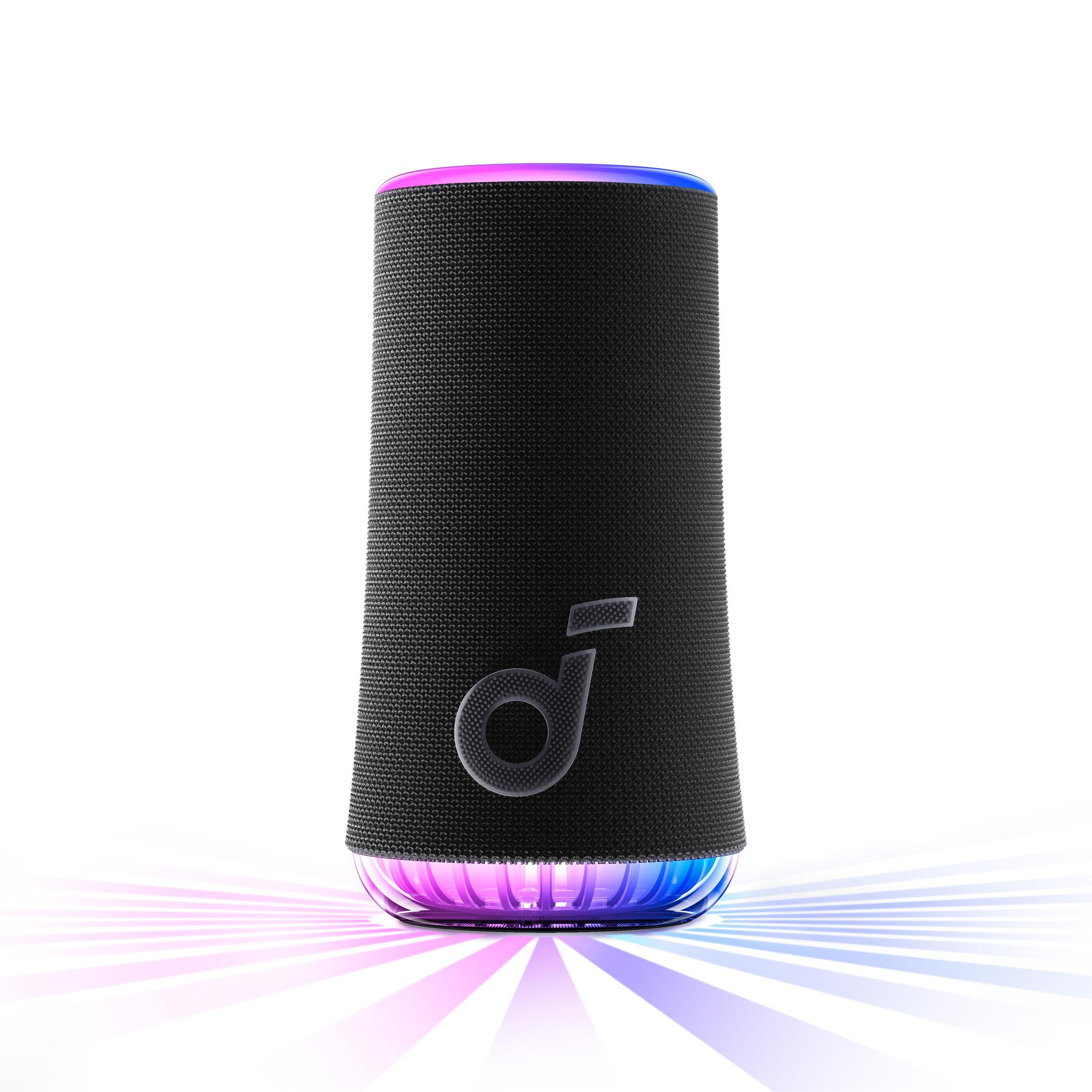 Czarny i szary głośnik z kolorowymi światłami na dole. Głośnik ma logo.