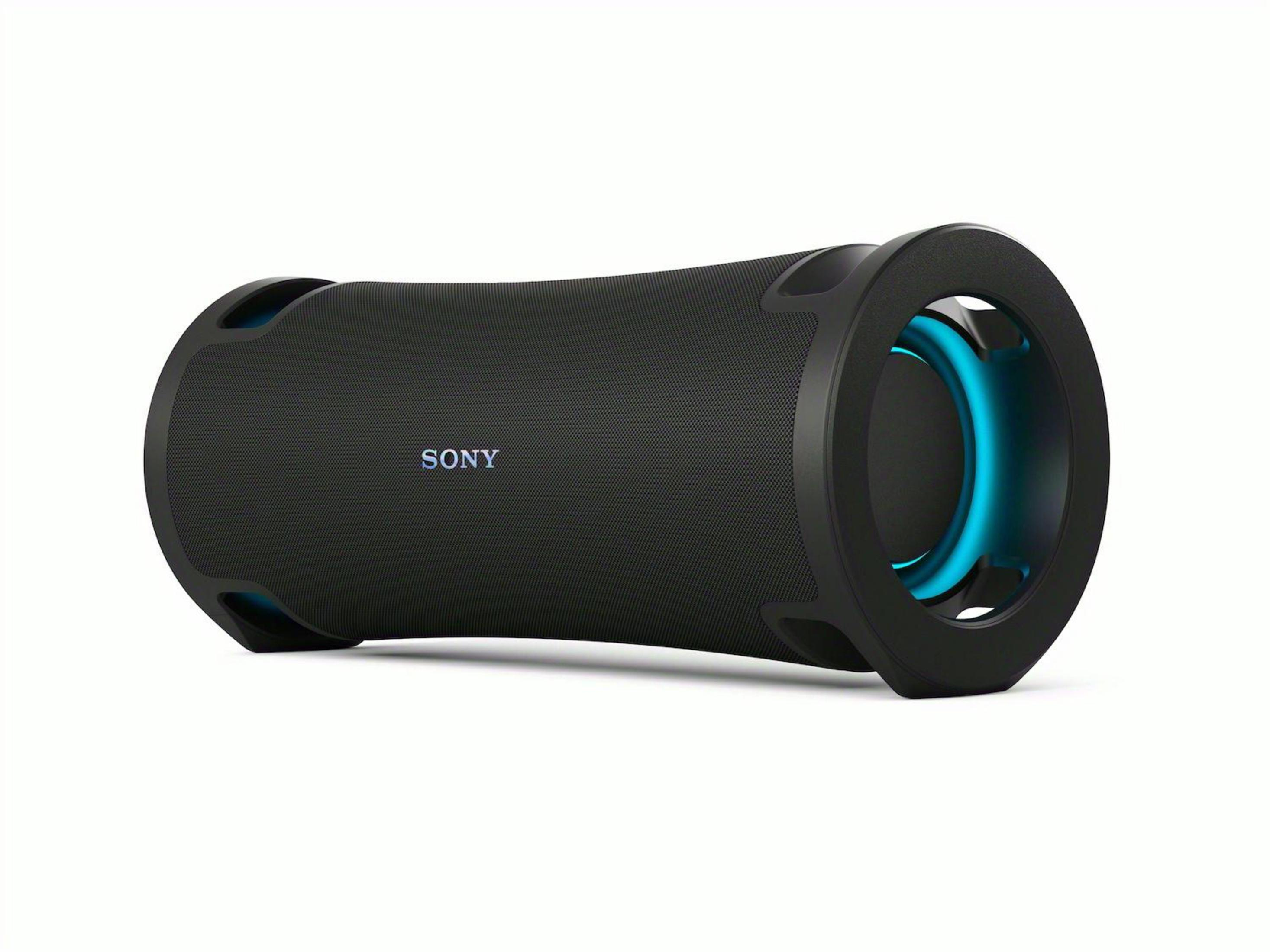 Altoparlante Sony nero, forma cilindrica, con accenti di luce blu.