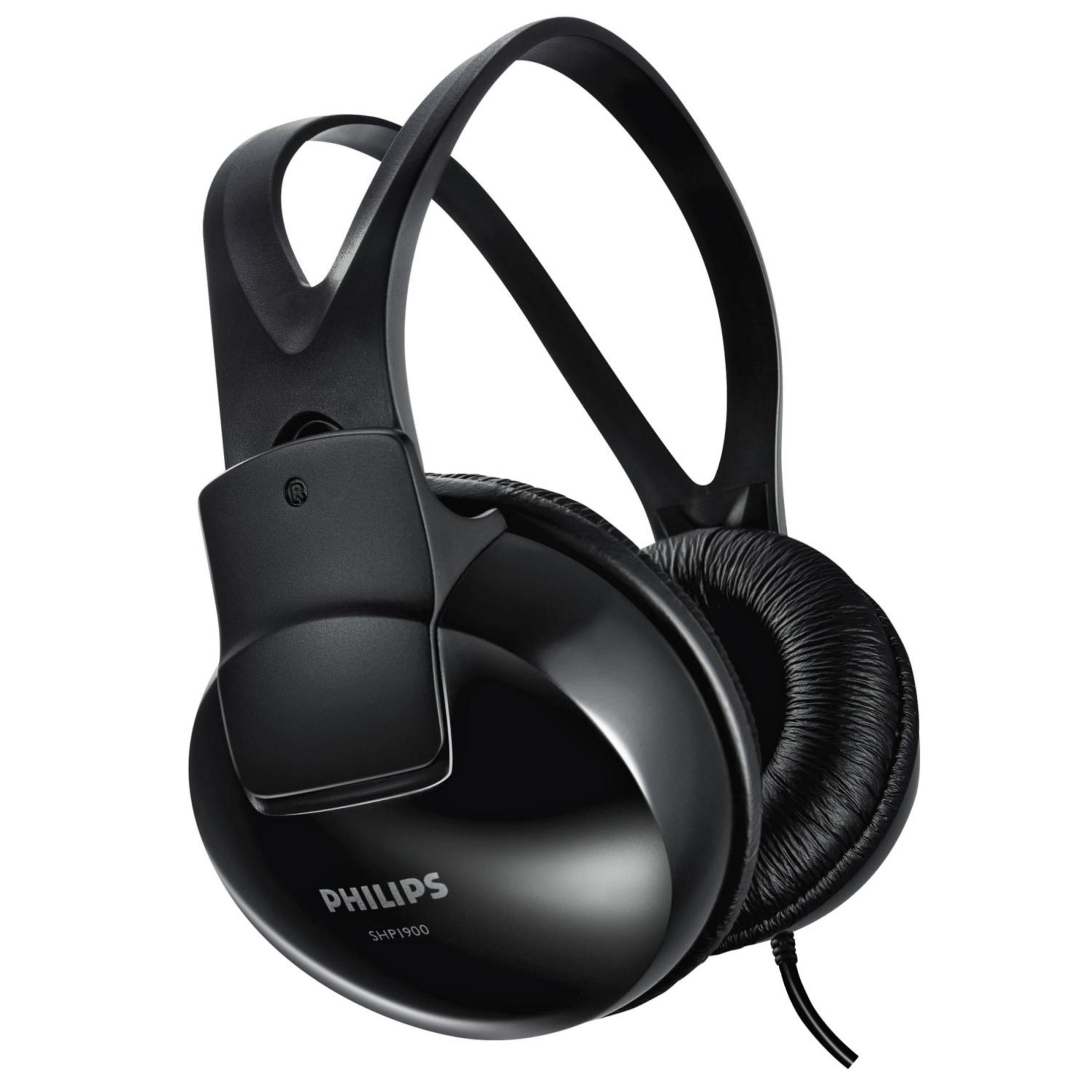 Auriculares negros supraaurales con acabado brillante. Los auriculares son redondos y acolchados, con diadema conectada.