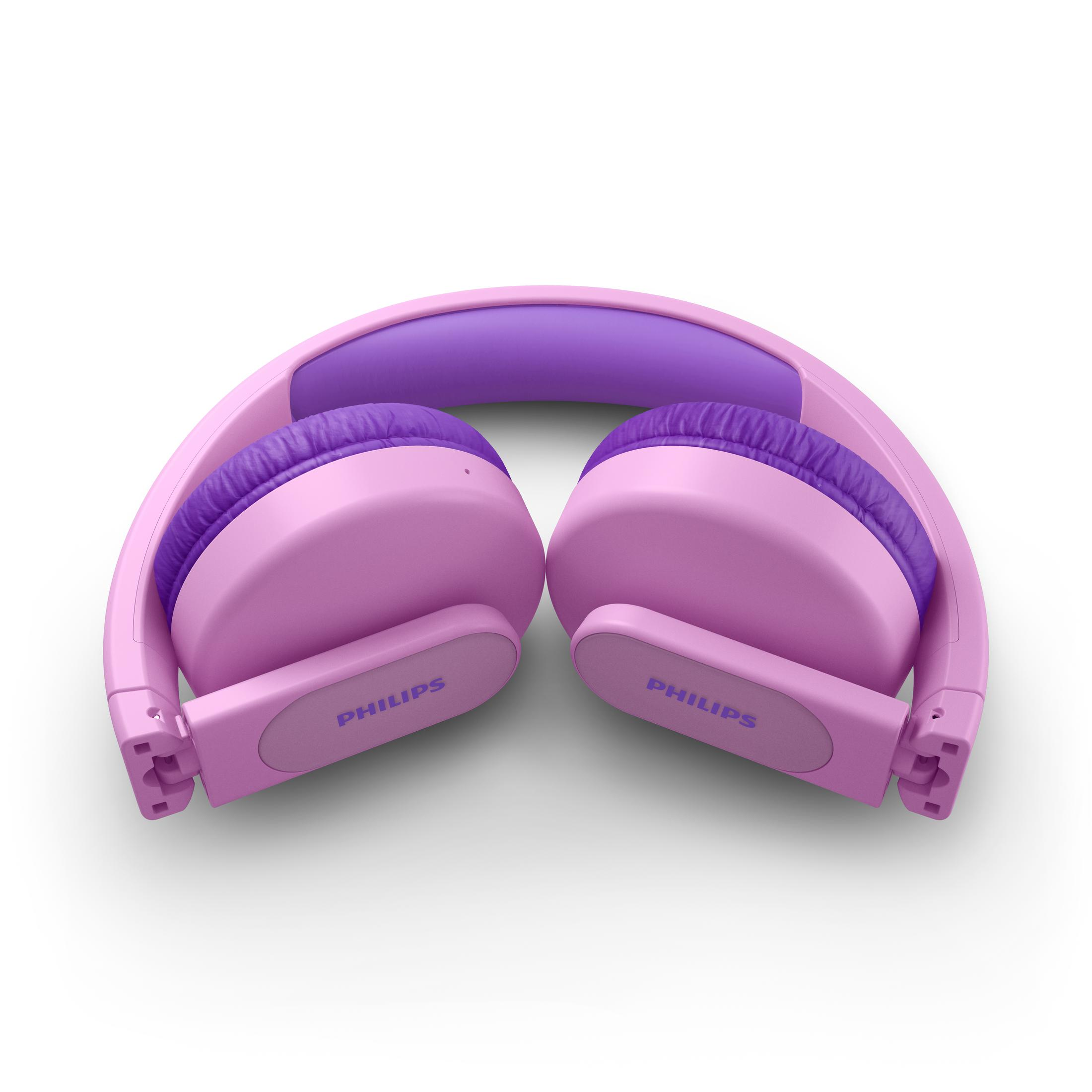 Zusammengeklappte rosa Kopfhörer mit Philips-Logo.