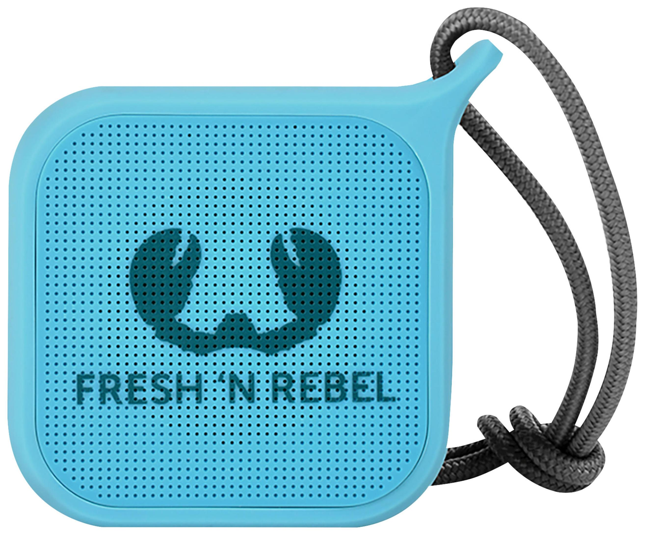 Niebieski głośnik Fresh 'n Rebel z czarnym sznurkiem do noszenia.