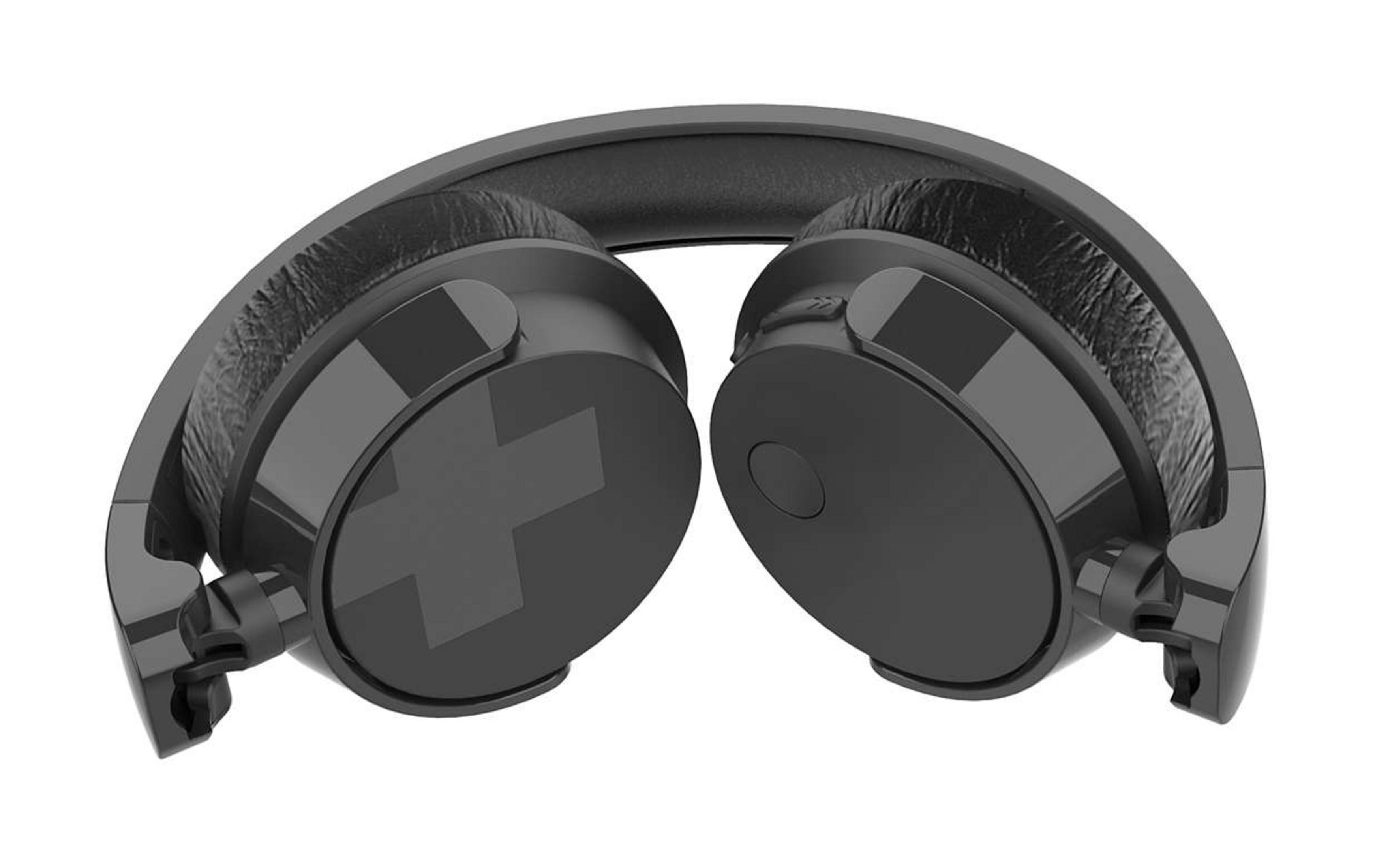 Cuffie nere, piegate. I padiglioni auricolari hanno una croce.