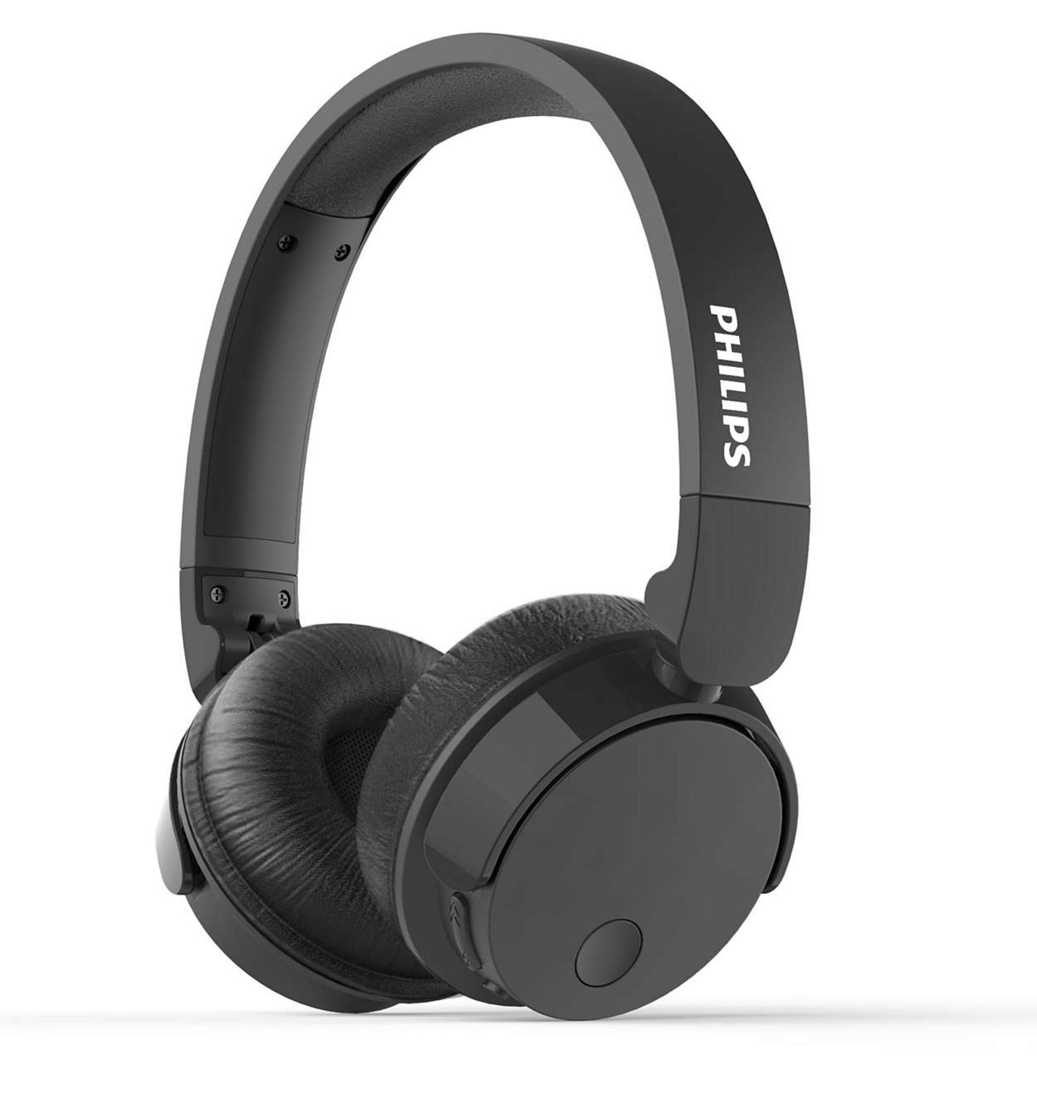 Cuffie Philips nere su bianco. Dotate di padiglioni auricolari, archetto e controlli a pulsante.