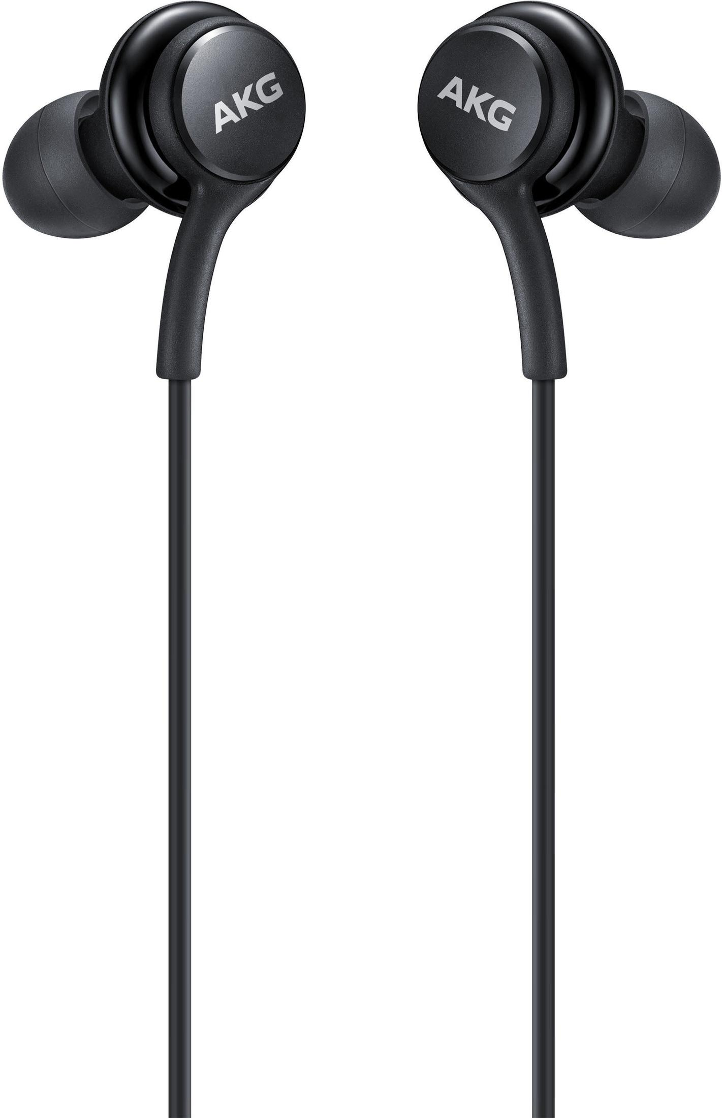 Cuffie AKG nere con il logo del marchio su ciascun auricolare, lunghi cavi neri, su sfondo bianco.