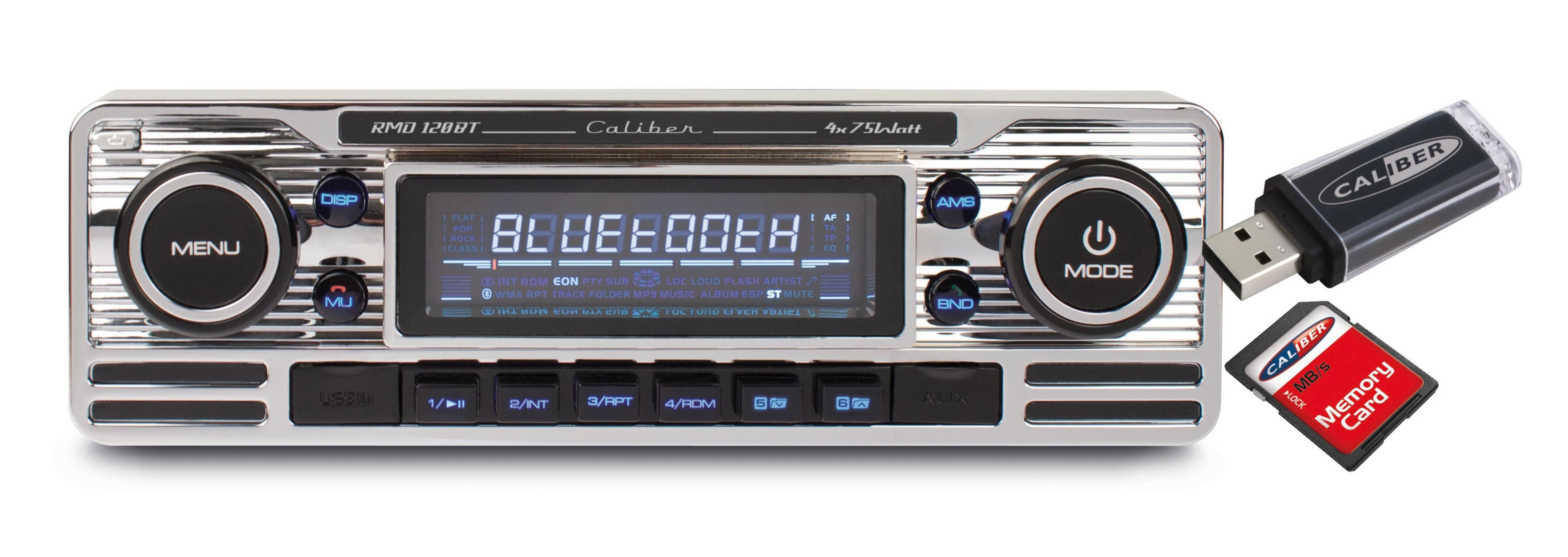 Silver car radio, USB and SD card, with a blue display.