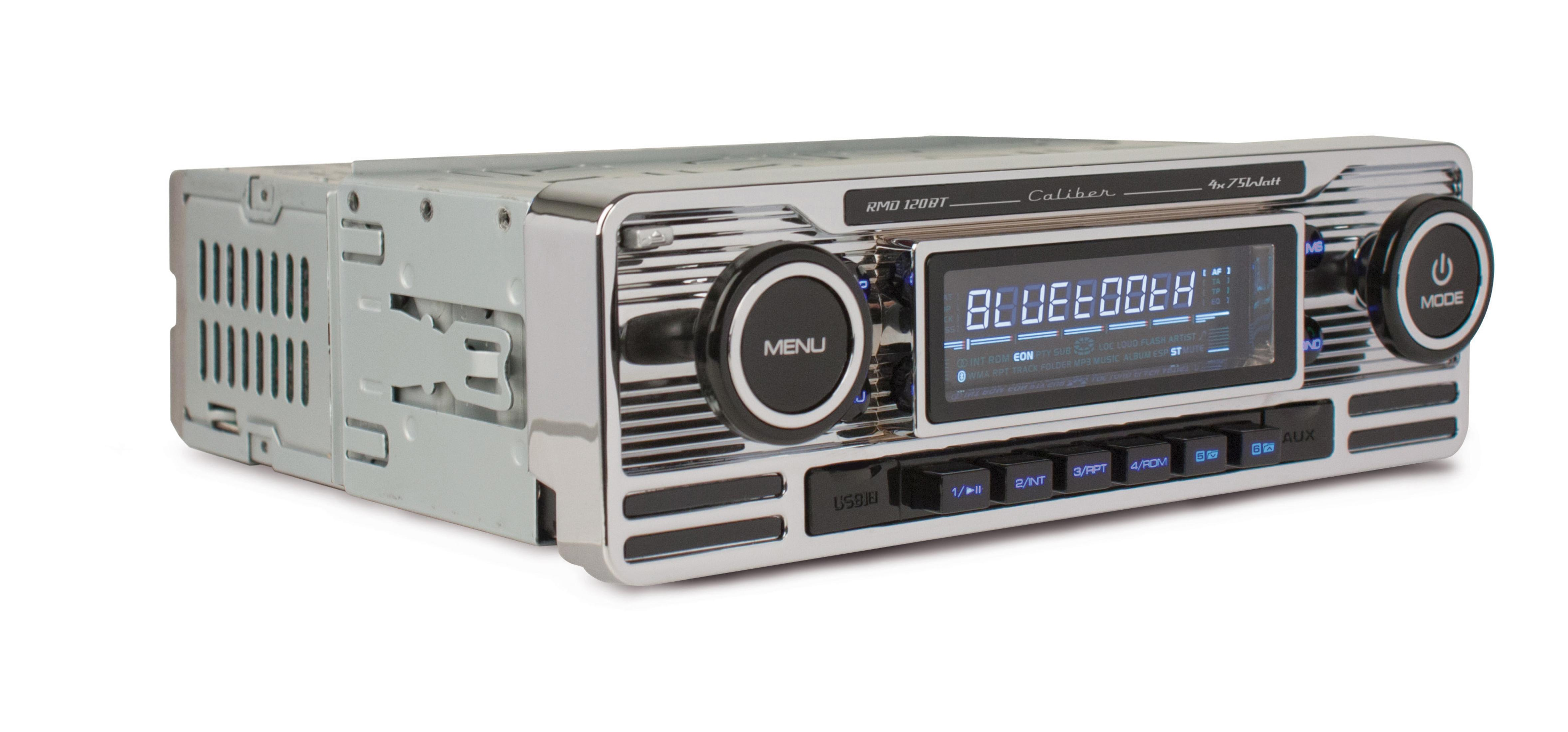 Silver car stereo, with buttons and screen displaying 'Bluetooth'.