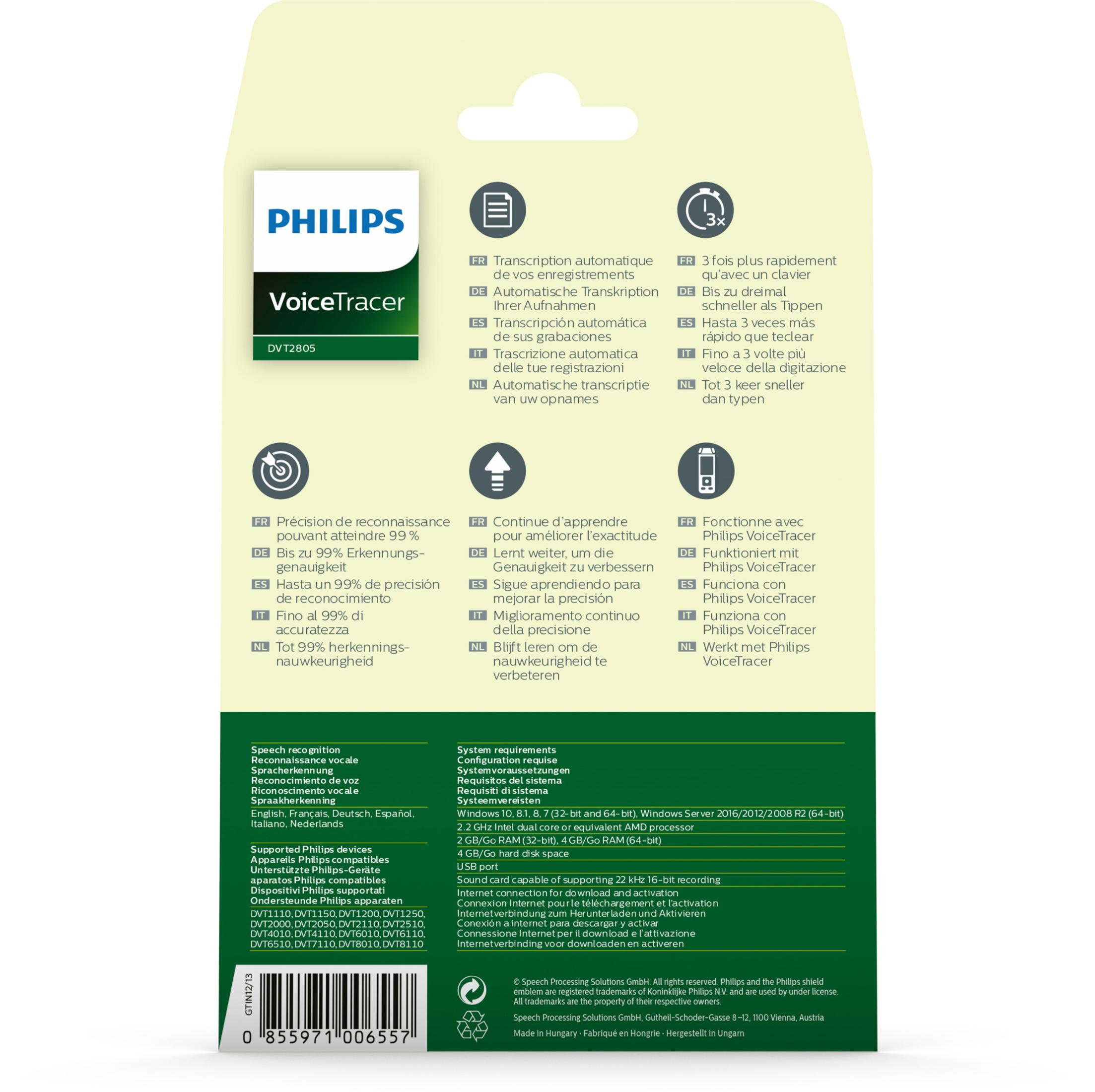 Weiße und grüne Verpackung mit Text und Grafiken. Philips VoiceTracer.  Funktionen und Spezifikationen sind aufgeführt.