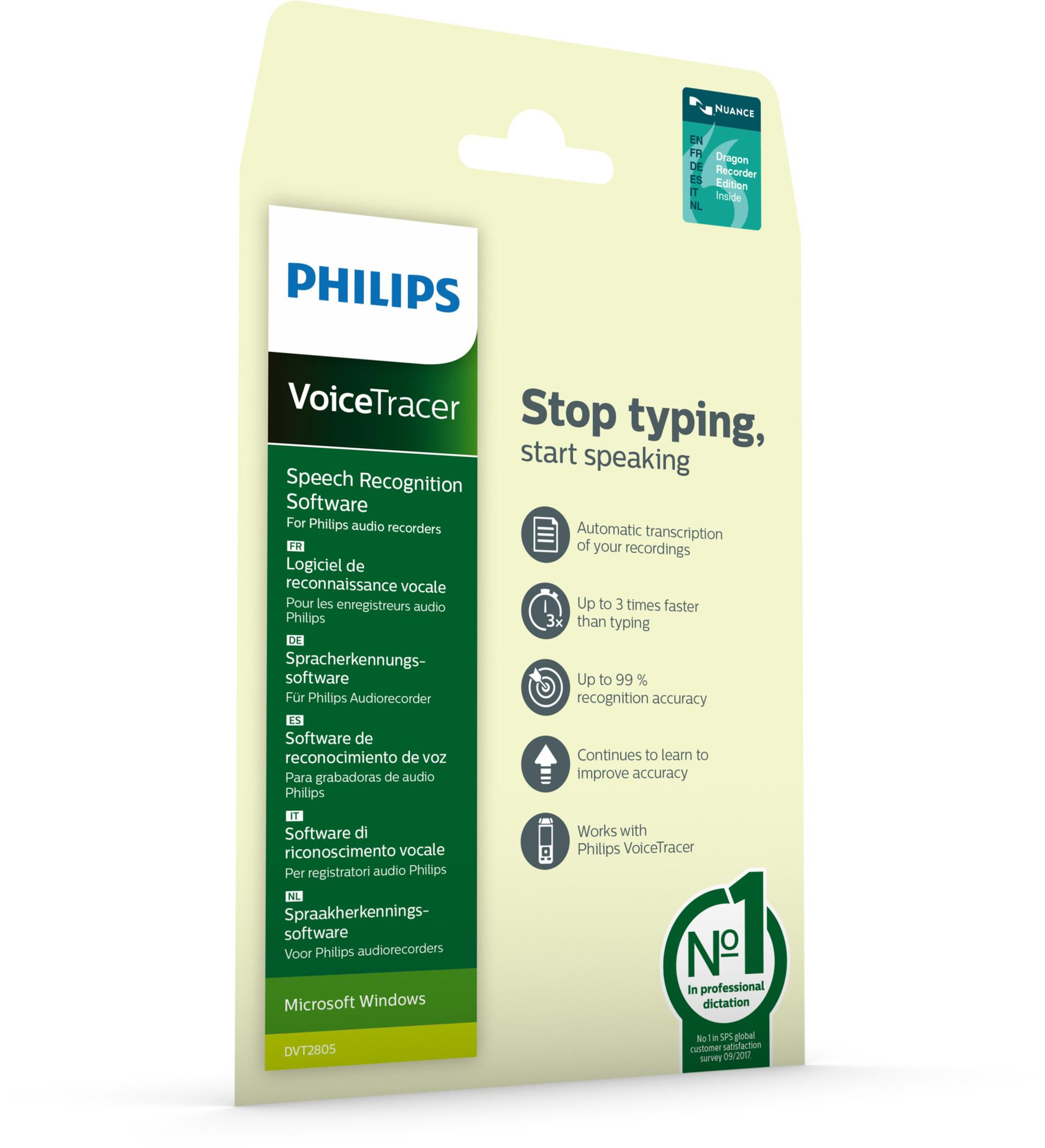 Philips VoiceTracer-Box. Text: Spracherkennungssoftware. Hören Sie auf zu tippen, fangen Sie an zu sprechen.