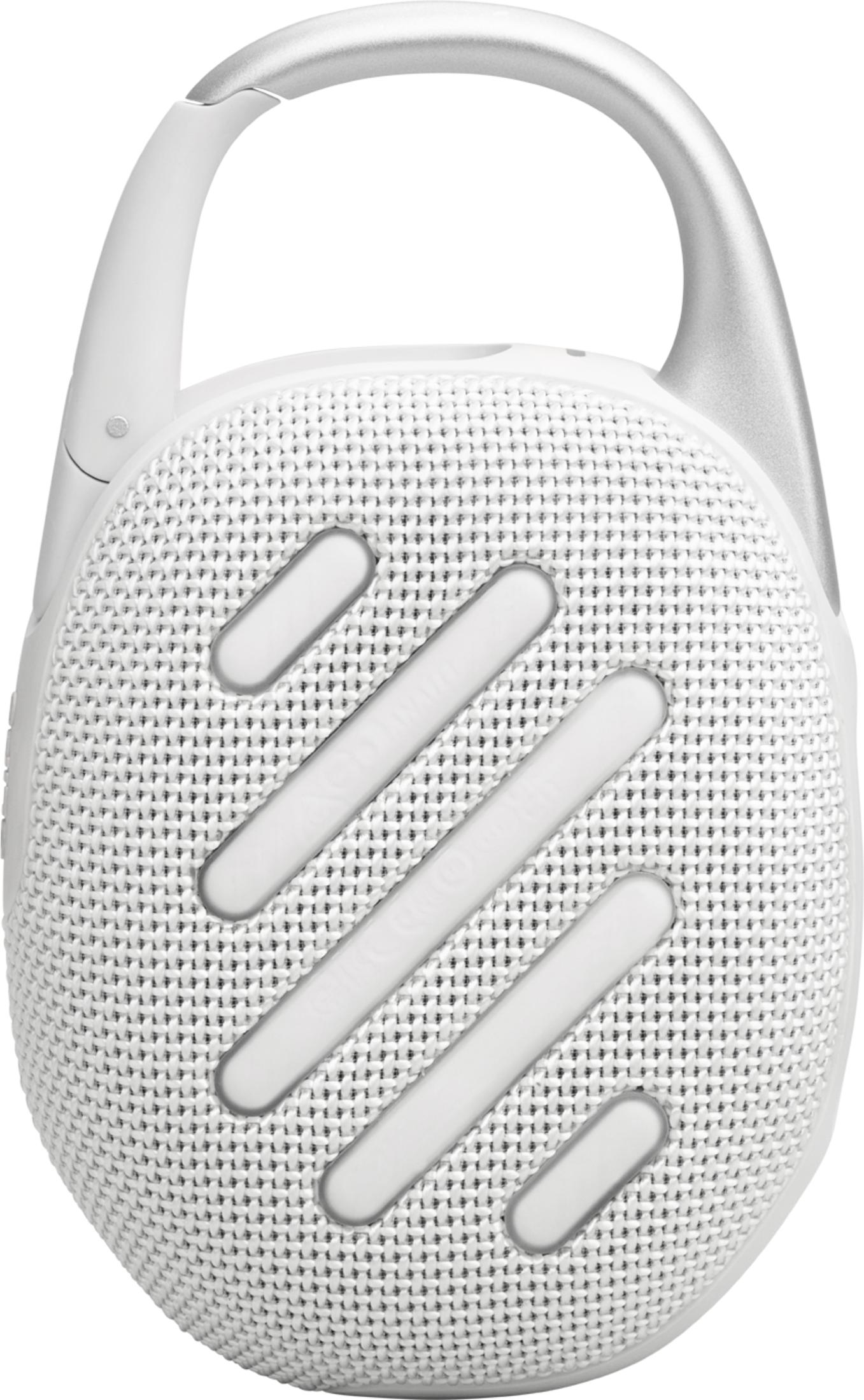 Altoparlante JBL bianco con manico argentato e dettagli bianchi. Su sfondo bianco.