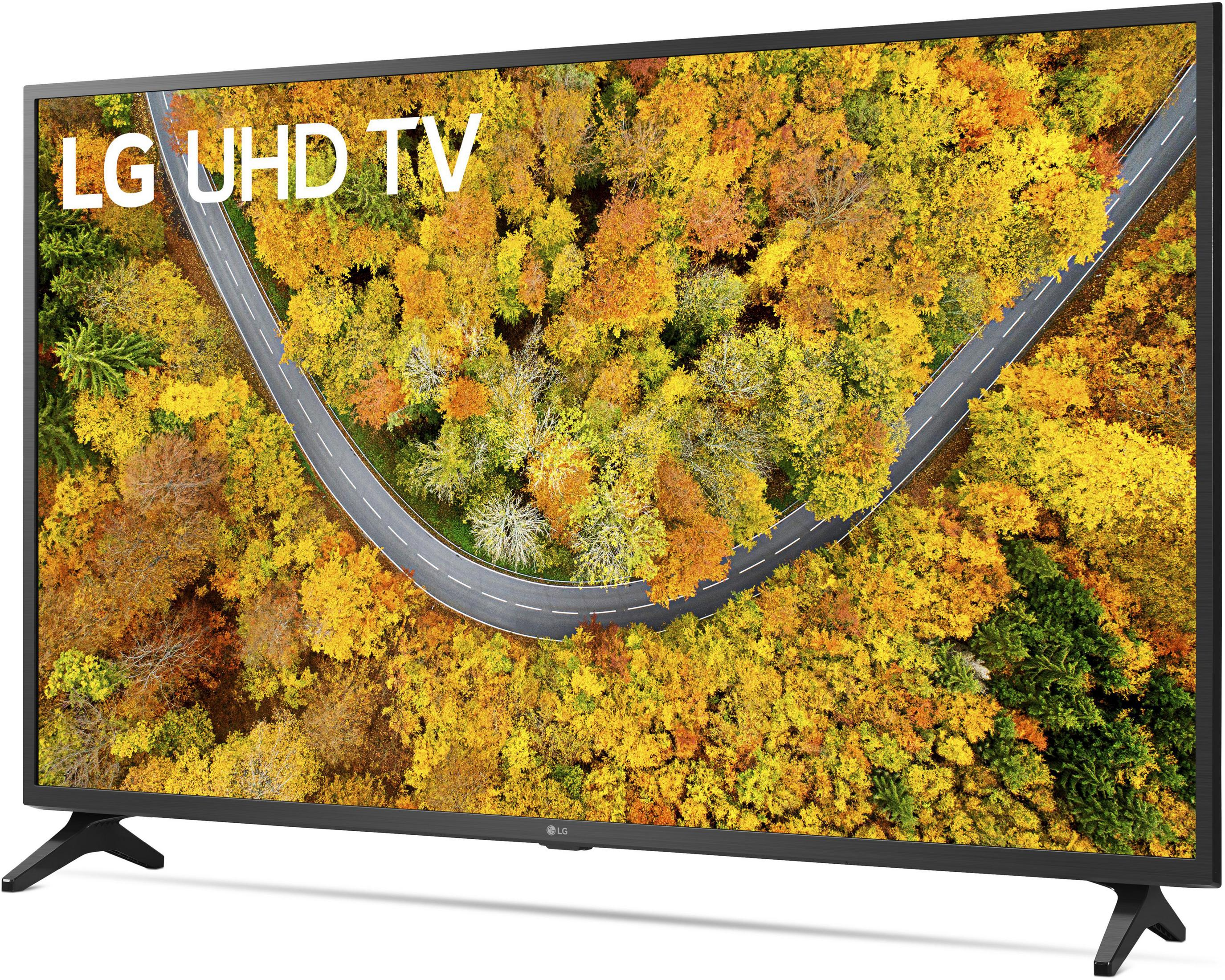 Telewizor LG UHD wyświetlający scenę jesiennego lasu. Czarna ramka i podstawa. Białe tło.