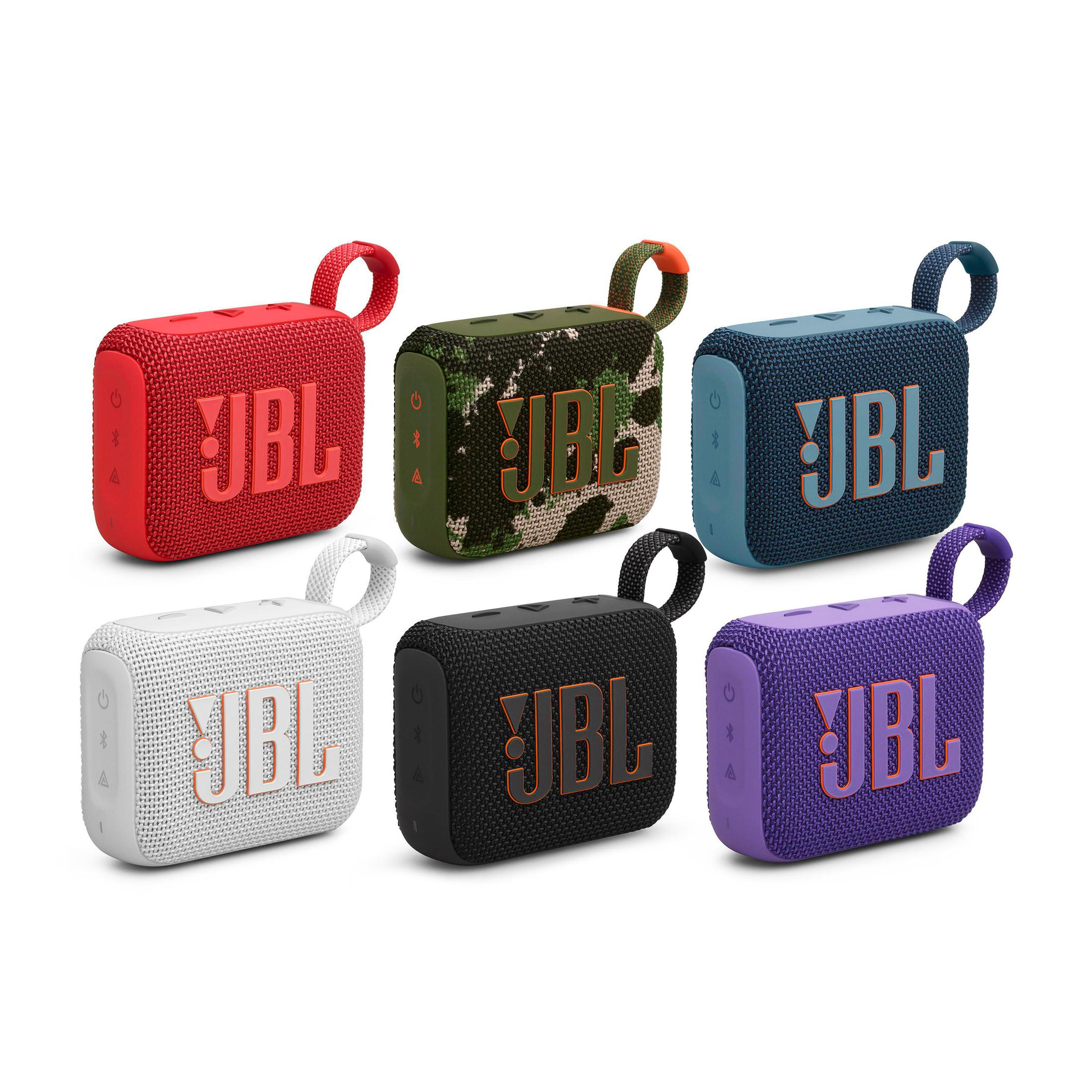 Farklı renklerde altı küçük JBL hoparlör. Her birinin bir halka tutacağı ve JBL logosu var.