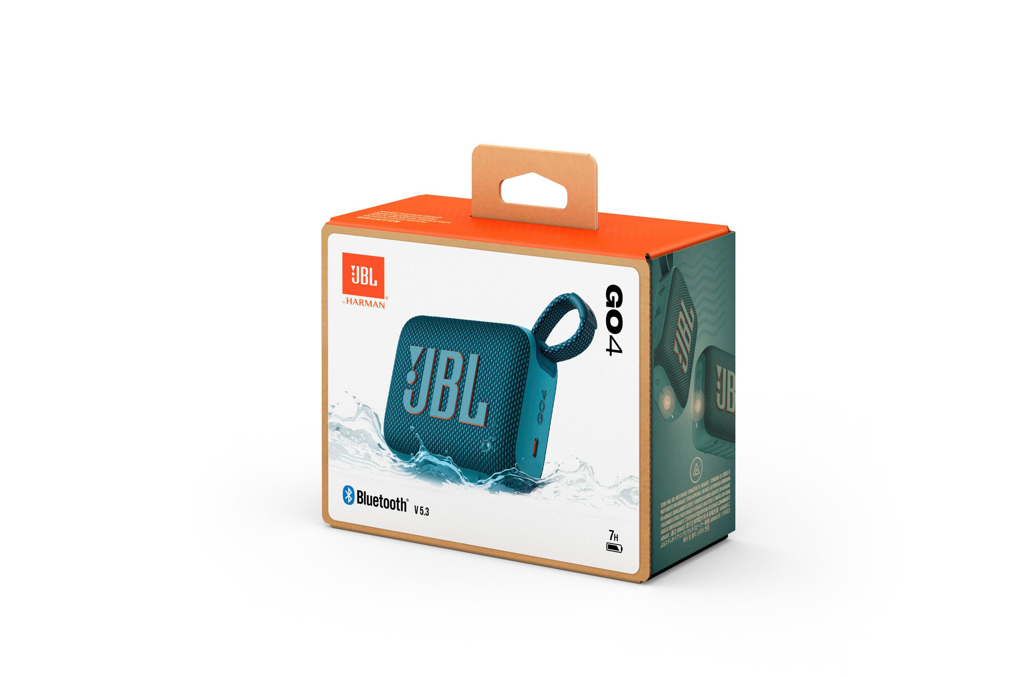 JBL Go4 hoparlör kutuda. Kutu turuncu ve mavimsi yeşil.