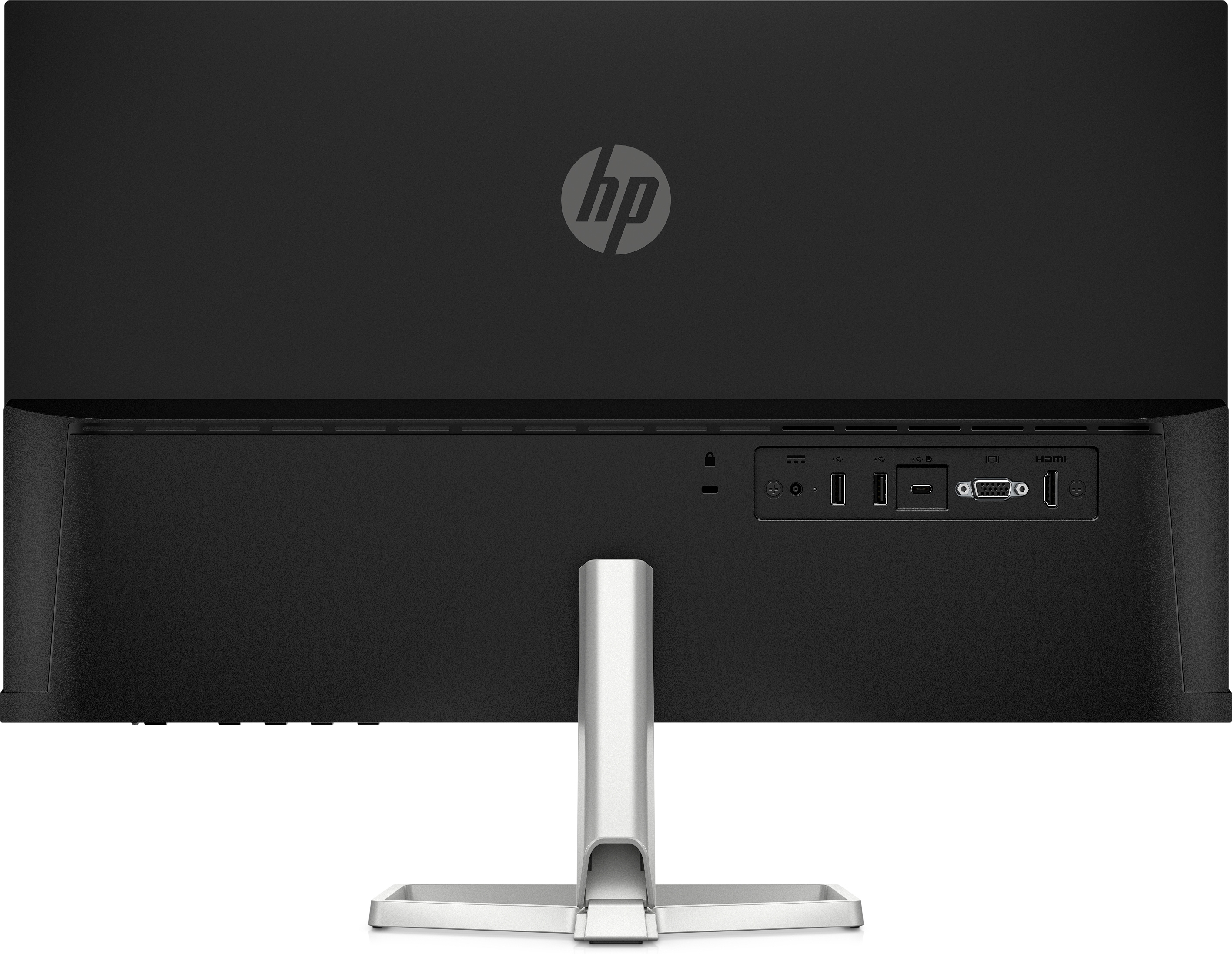 Il retro di un monitor per computer nero, che mostra le porte e il logo HP. Un supporto argentato è alla base.
