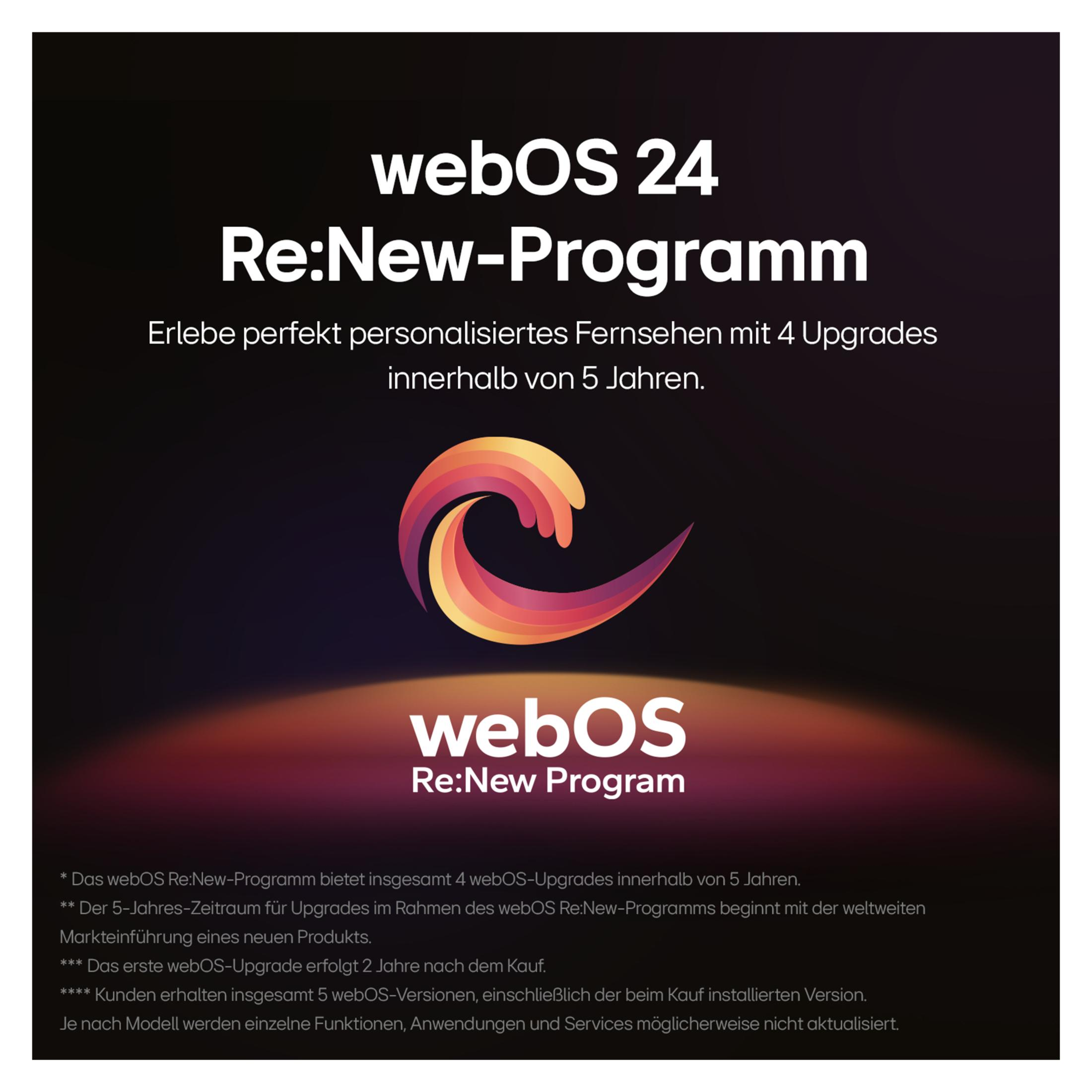 Obraz z tekstem o webOS 24 Re:New-Programm. Zawiera zakrzywione logo i przypisy.