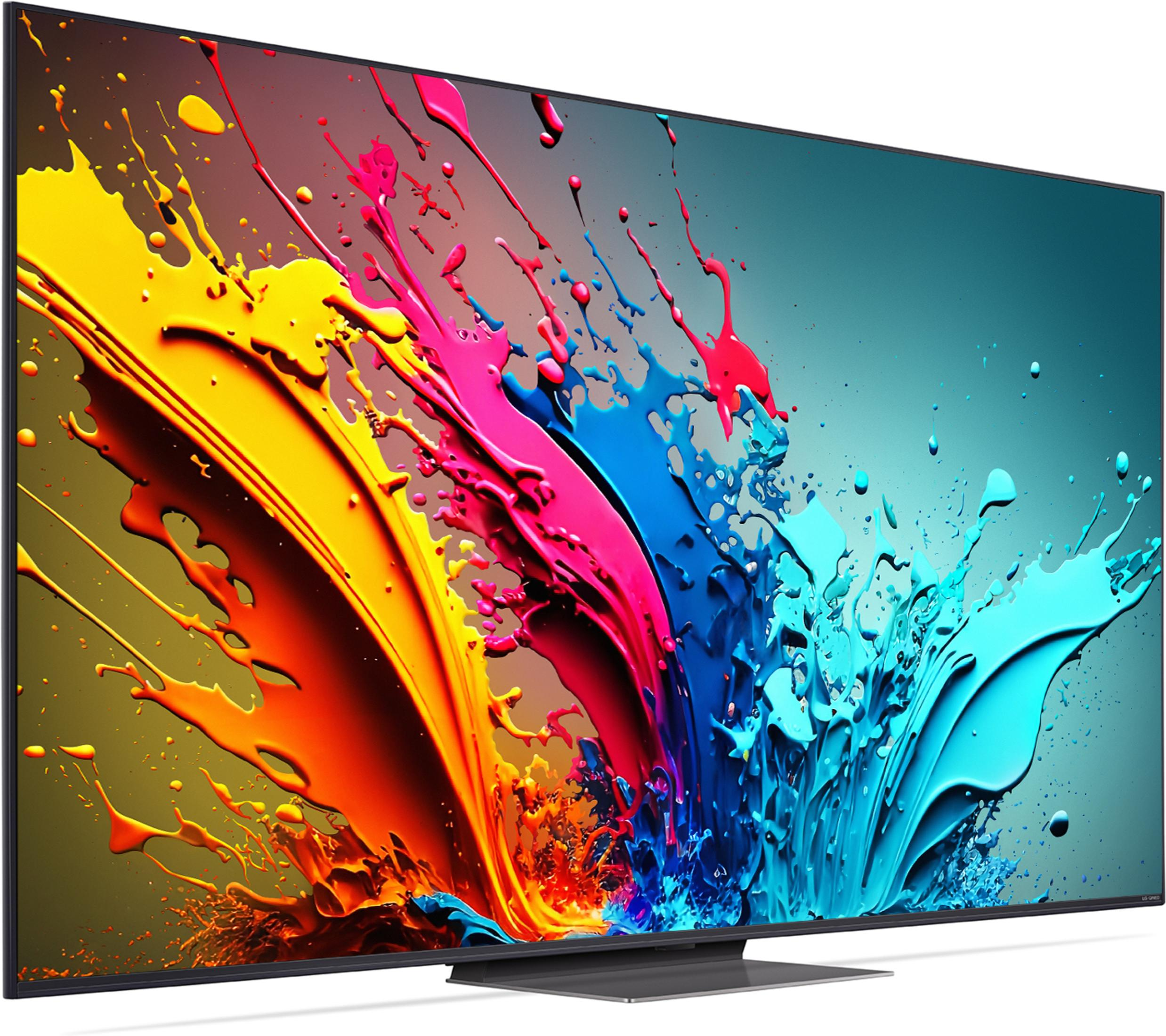 Großer TV-Bildschirm mit farbenfroher Farbspritzer-Kunst. Gelbe, rosa, blaue und orange Farben dominieren.