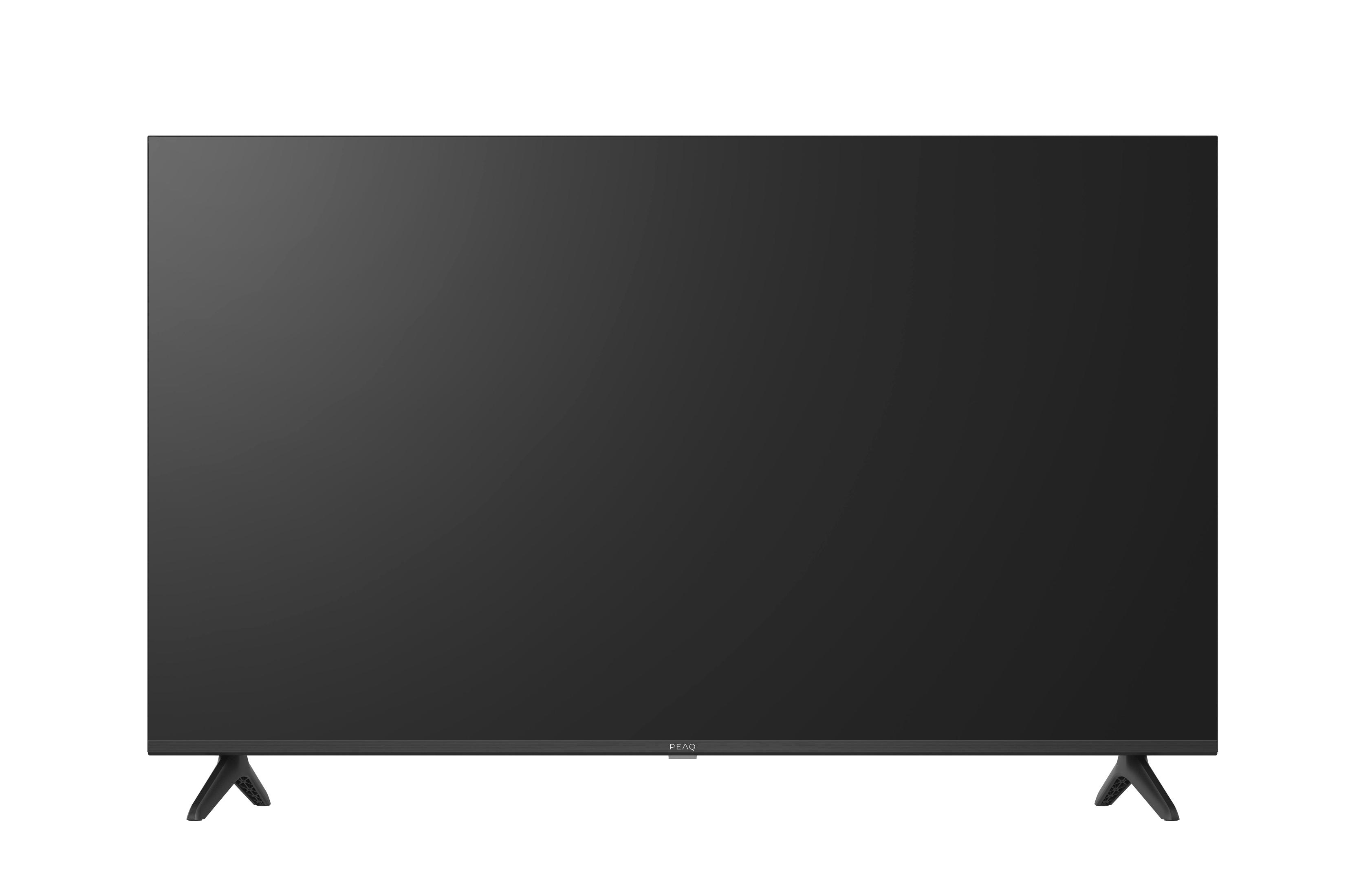Ein schwarzer Flachbildfernseher mit schwarzem Rahmen und zwei schwarzen Beinen.