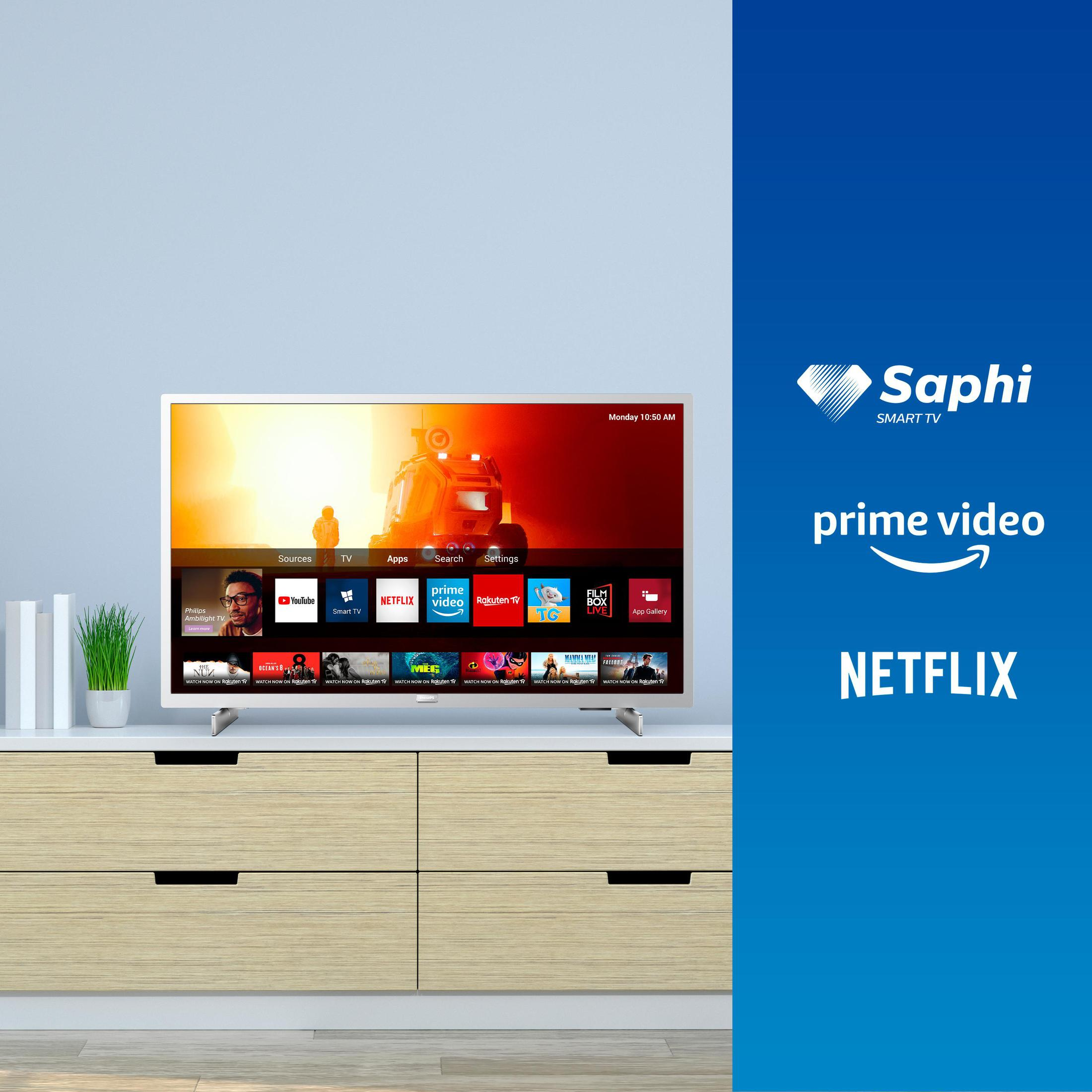 Telewizor z ikonami aplikacji streamingowych na szafce, niebieskie tło.