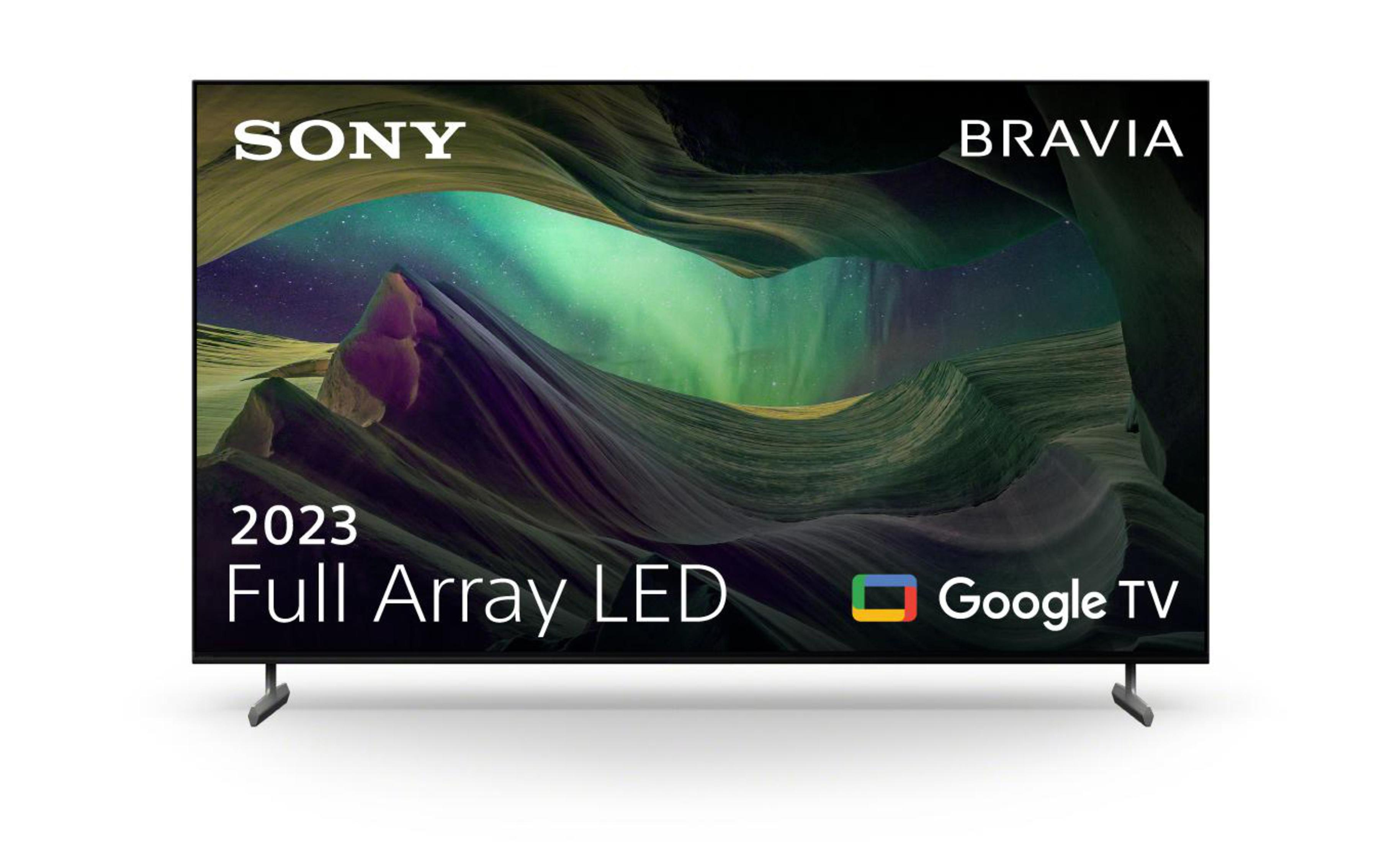 Una grande TV Sony Bravia, con sfondo panoramico, logo Google TV.