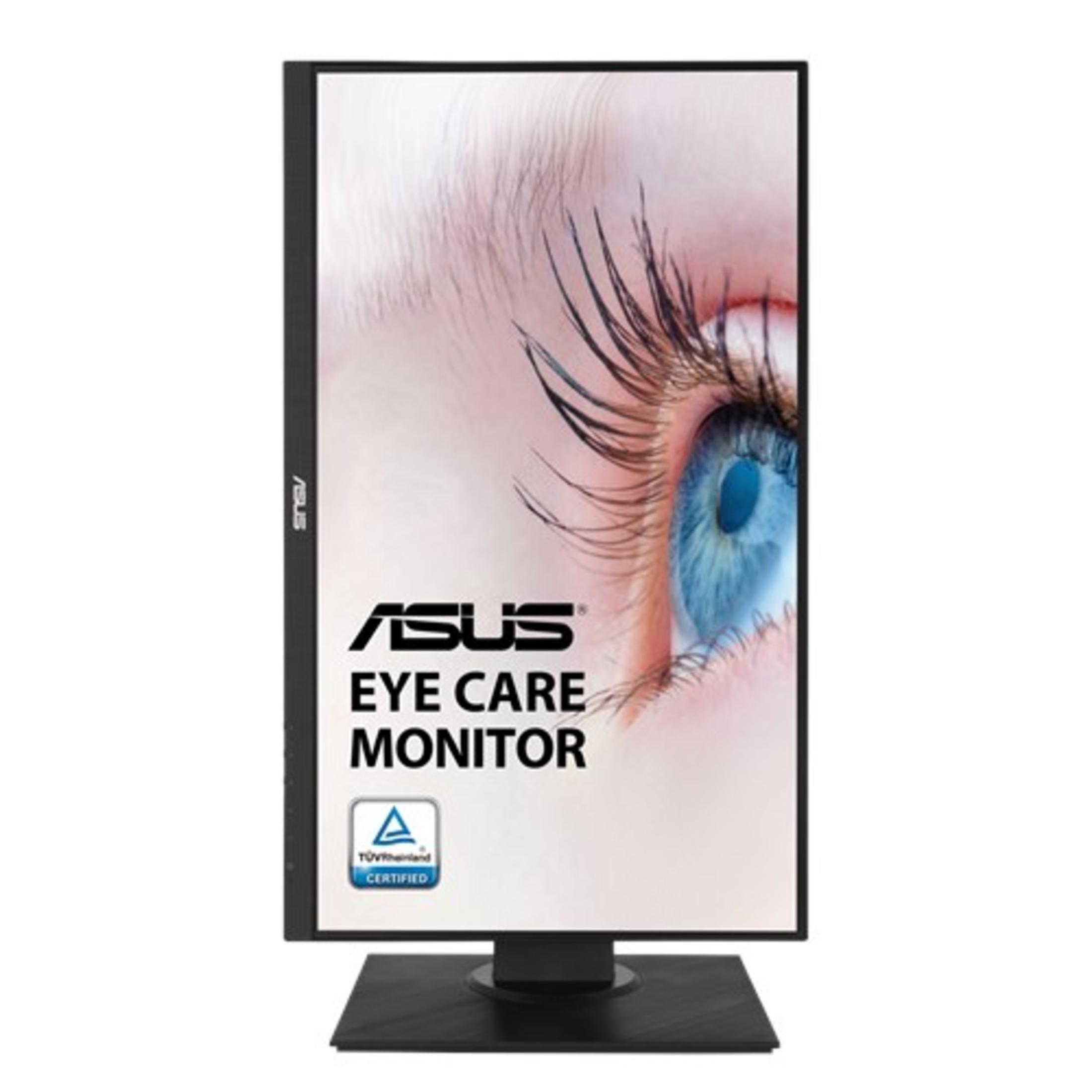 Monitor Asus Eye Care. Ekran pokazuje zbliżenie oka z niebieską tęczówką.