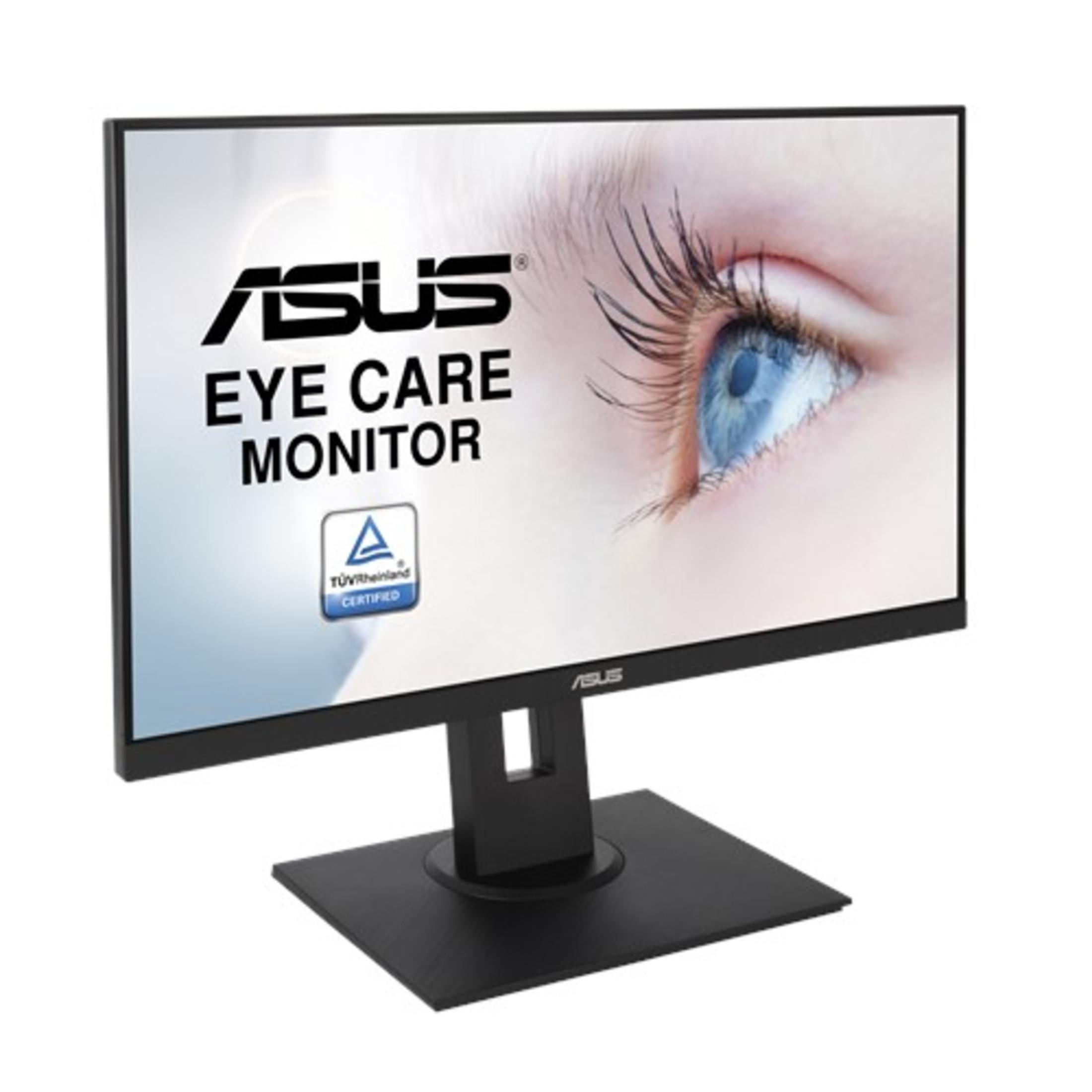Czarny monitor z napisem 'ASUS EYE CARE MONITOR'.