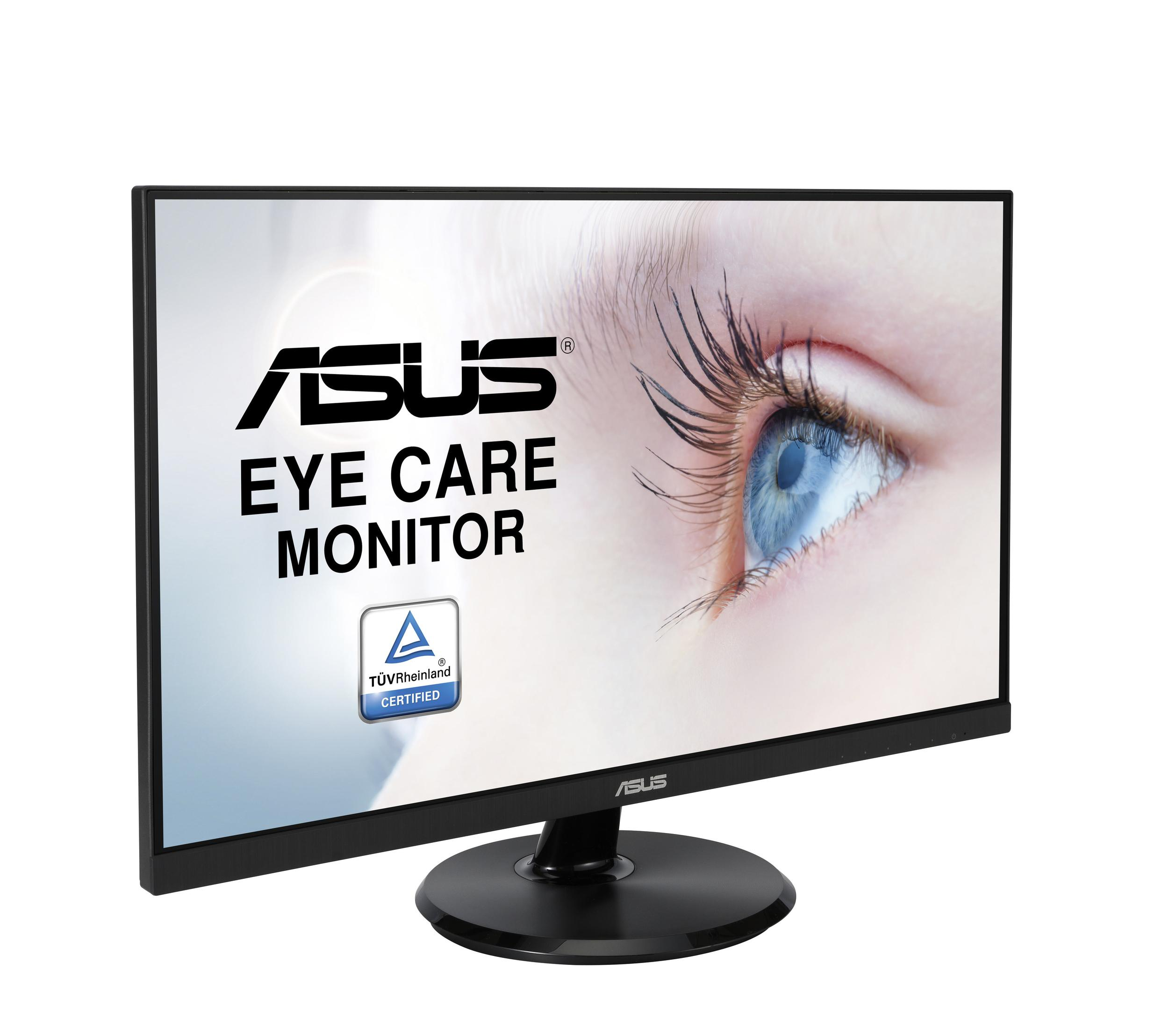 Monitor ASUS Eye Care. Lo schermo mostra un primo piano di un occhio. Occhio blu con lunghe ciglia.