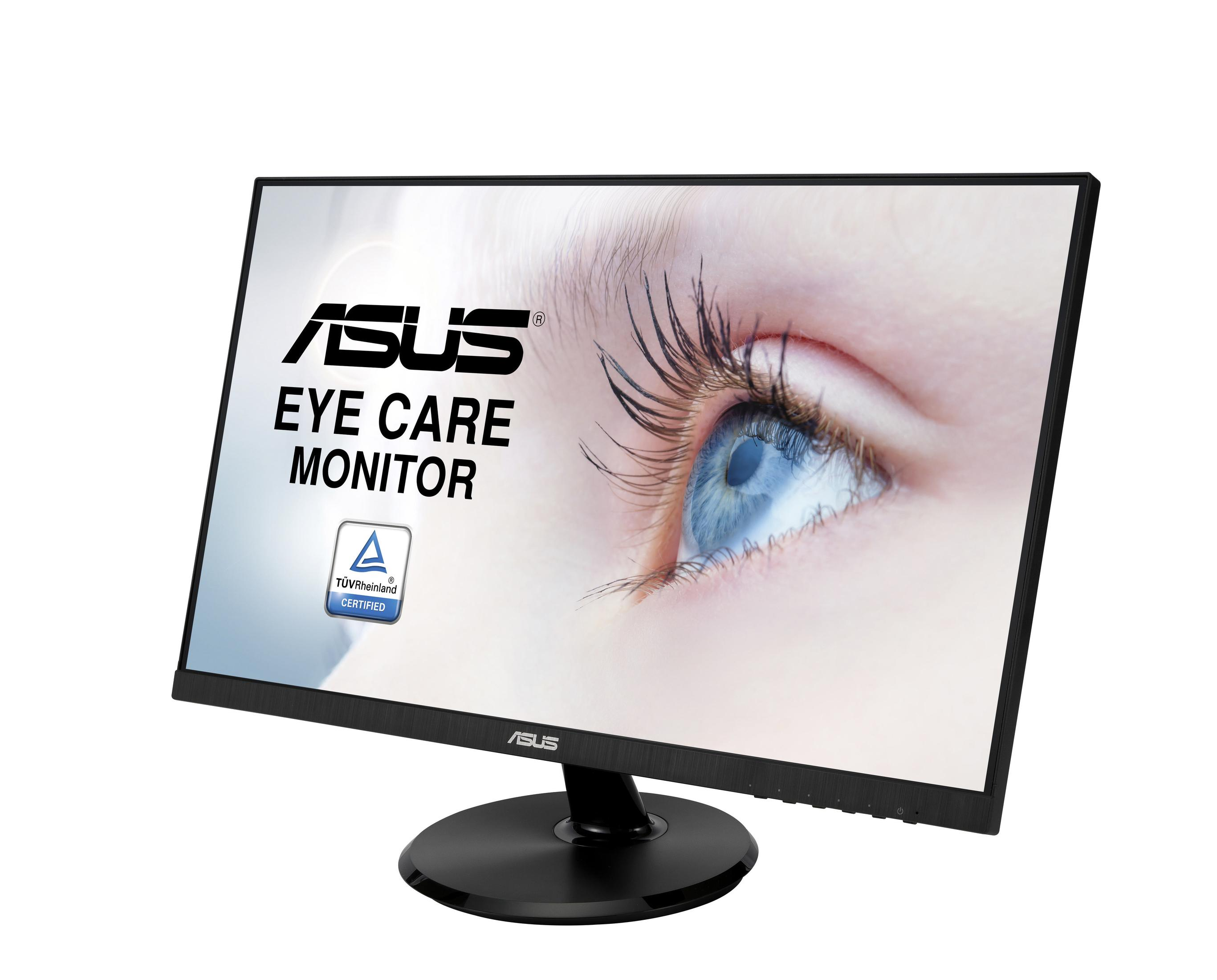 Monitor ASUS Eye Care che mostra un primo piano di un occhio blu con lunghe ciglia. Supporto e cornice neri.