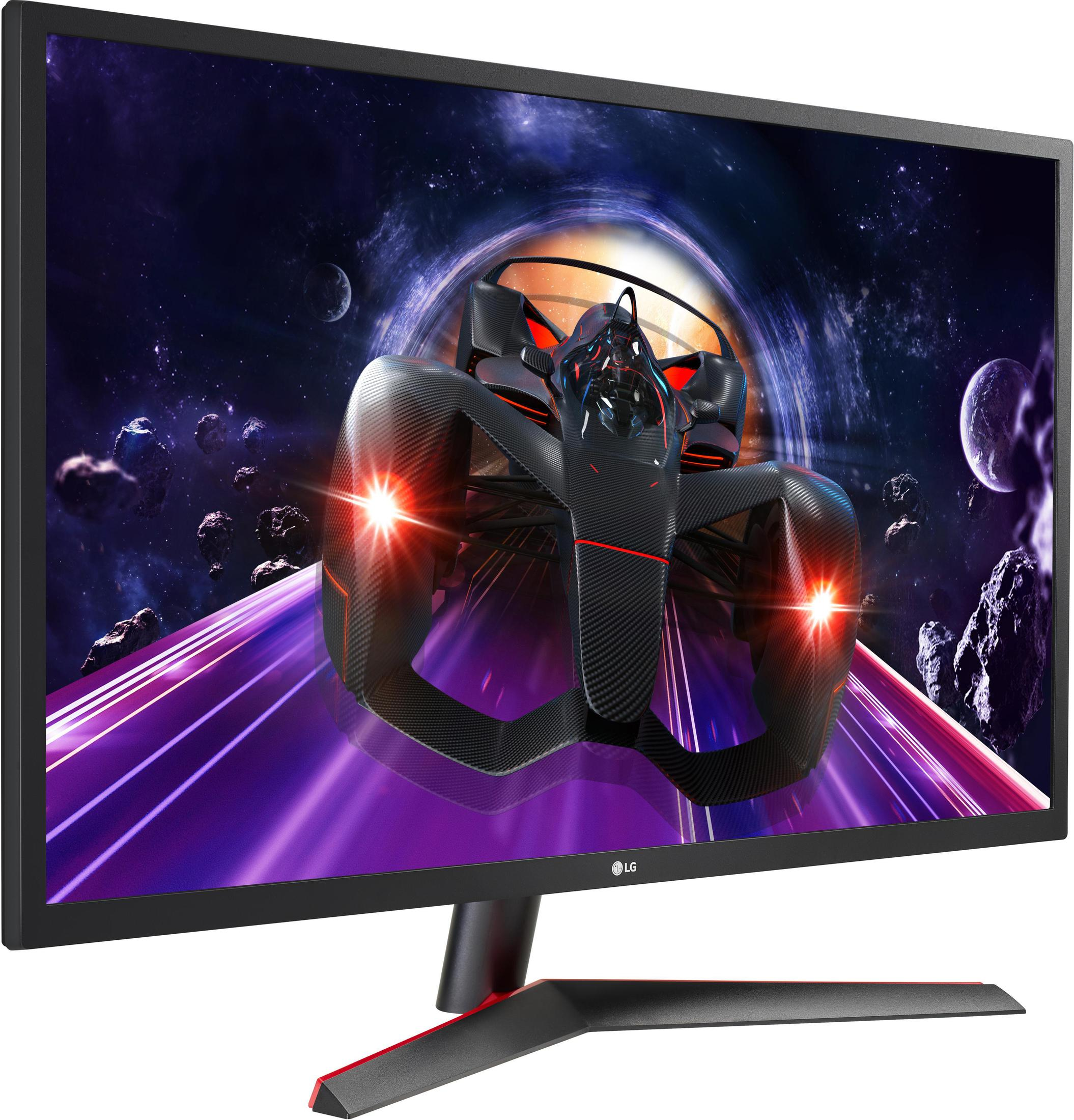 Monitor LG che mostra una scena futuristica di auto da corsa. Design nero e rosso.