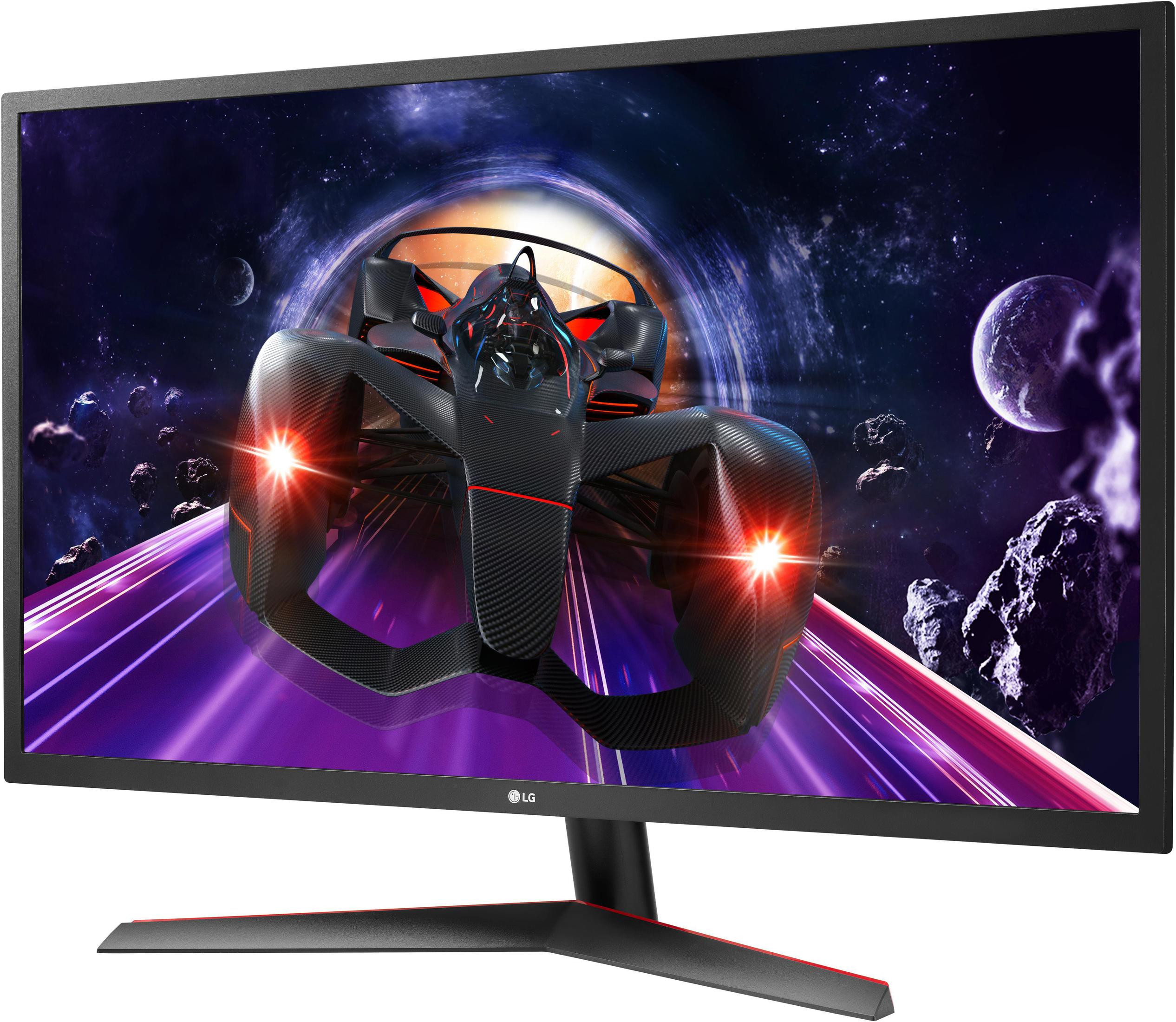 Monitor che mostra un'auto da corsa futuristica nello spazio. Tema viola e nero, luci brillanti.