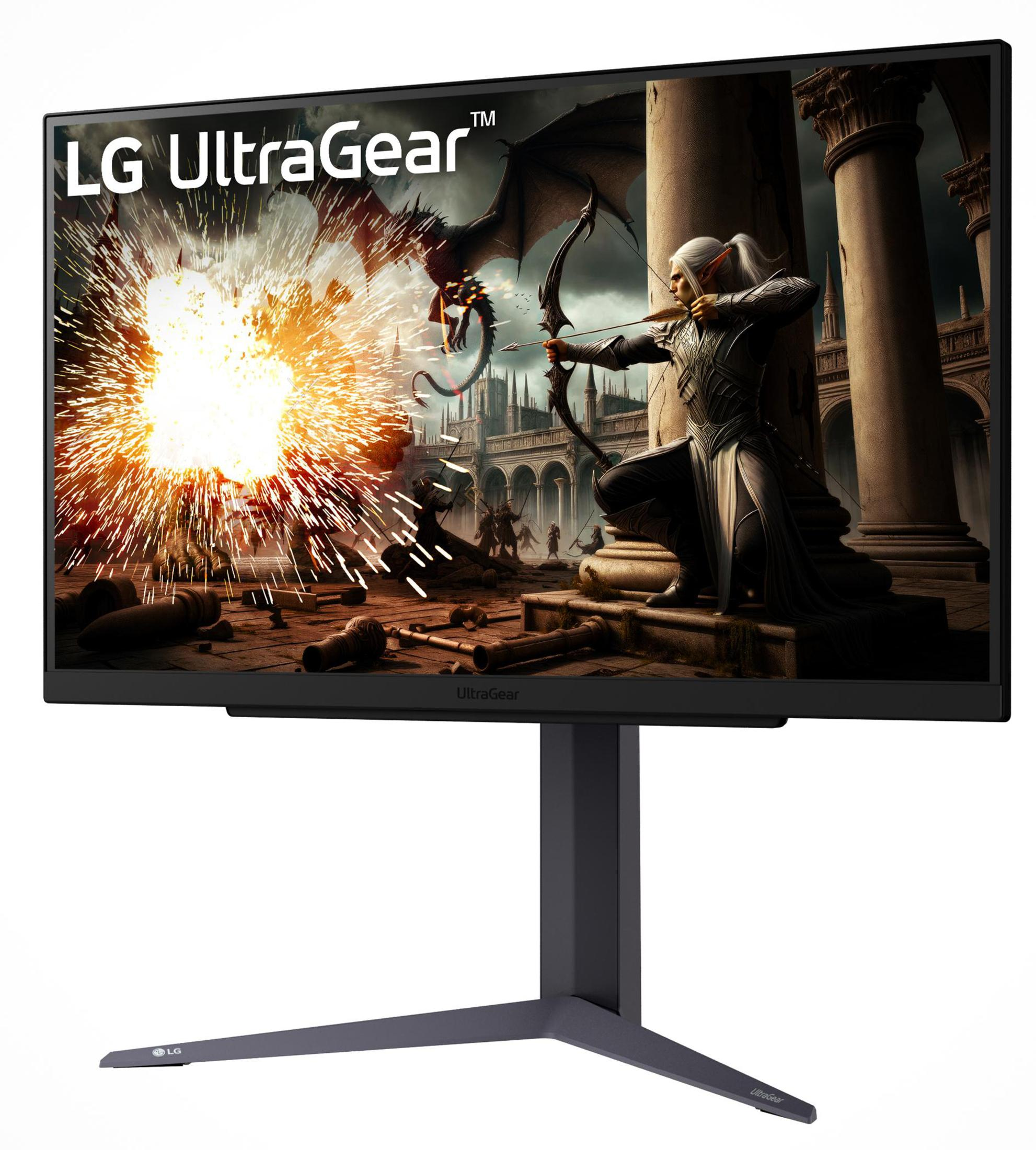 Monitor LG UltraGear wyświetlający fantastyczną scenę łucznika strzelającego do smoka.