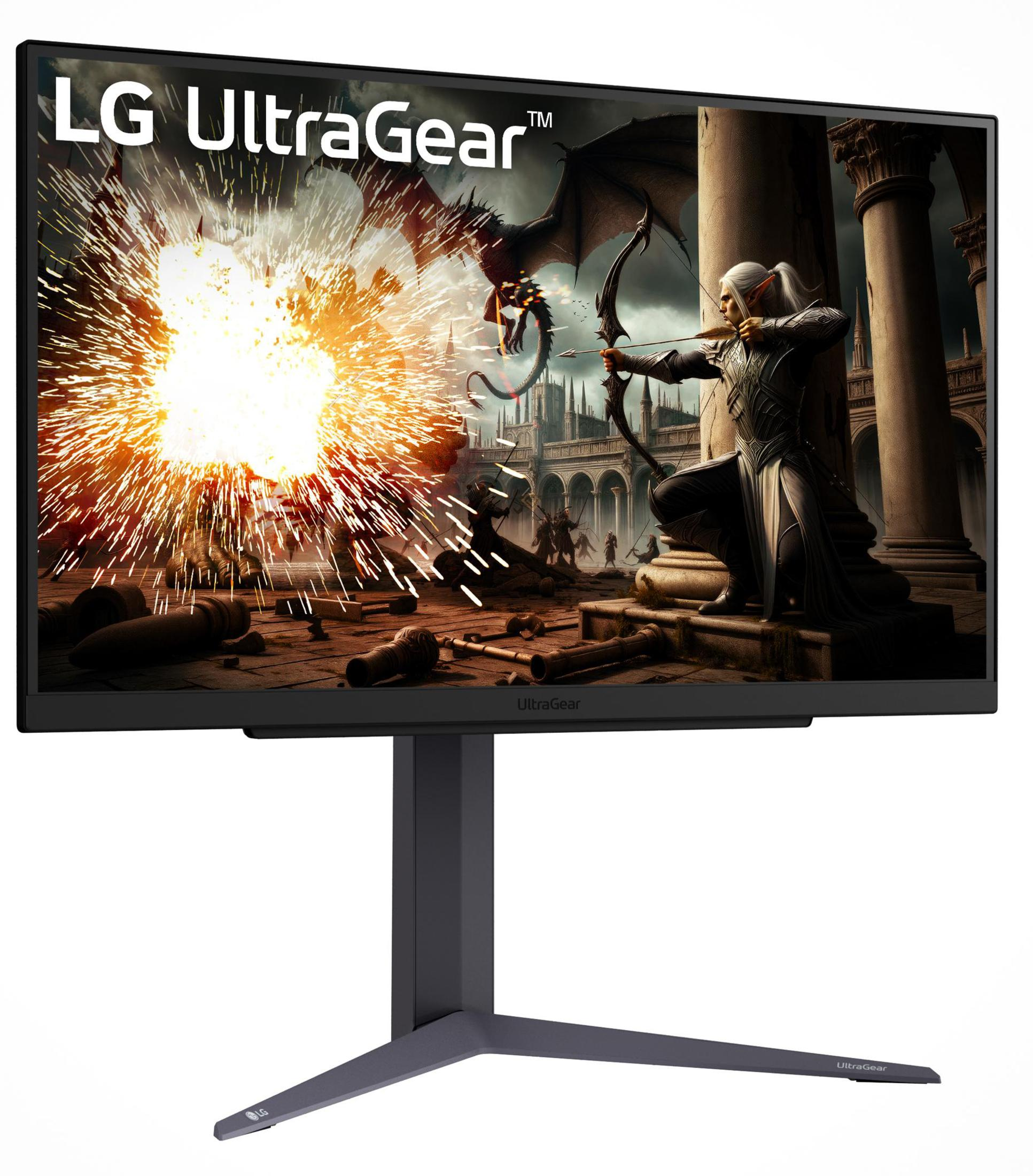 Monitor LG UltraGear wyświetlający scenę fantasy ze smokiem, łucznikiem, wybuchem.