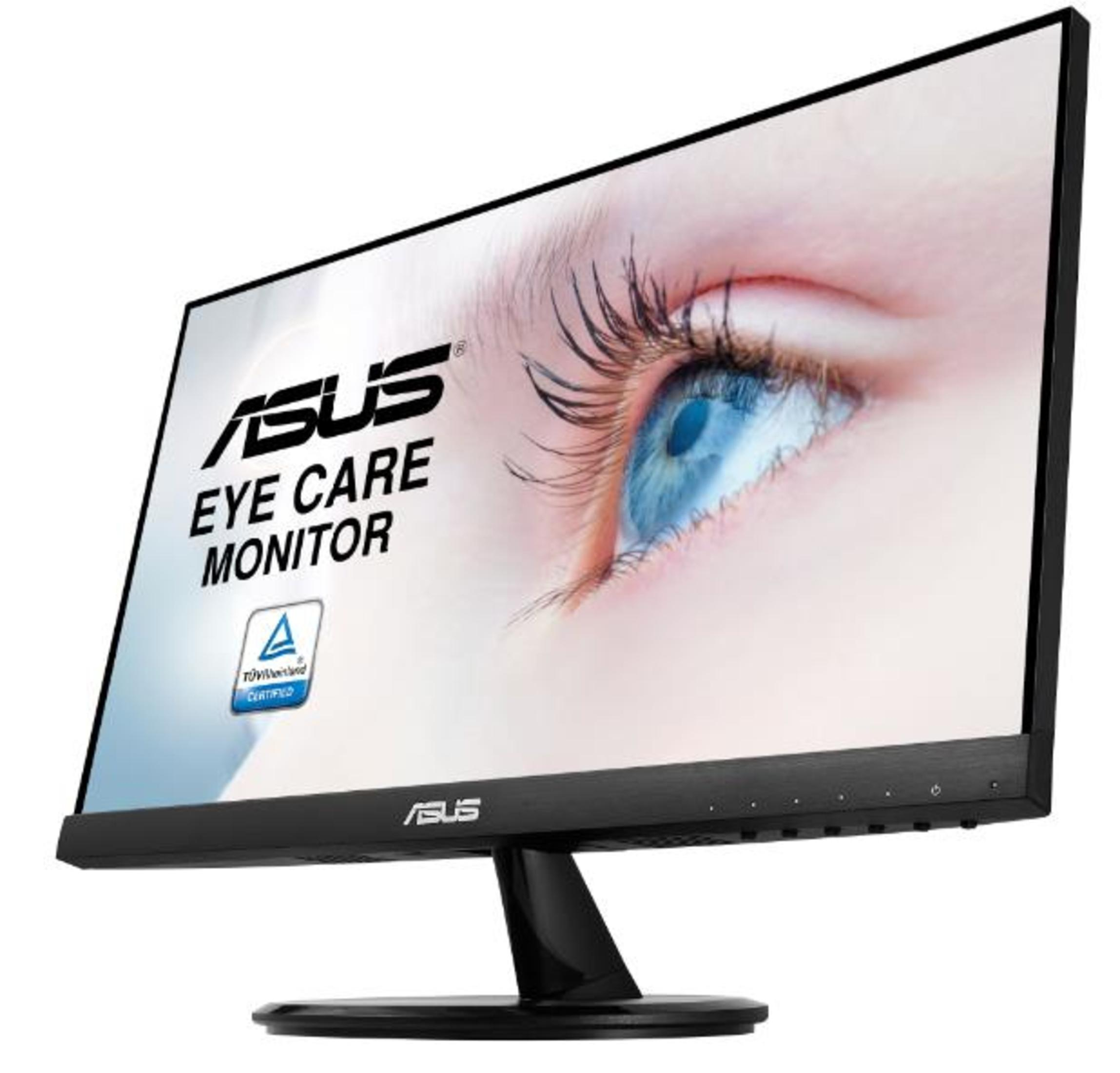 Monitor negro con texto de cuidado ocular. La pantalla muestra un ojo.