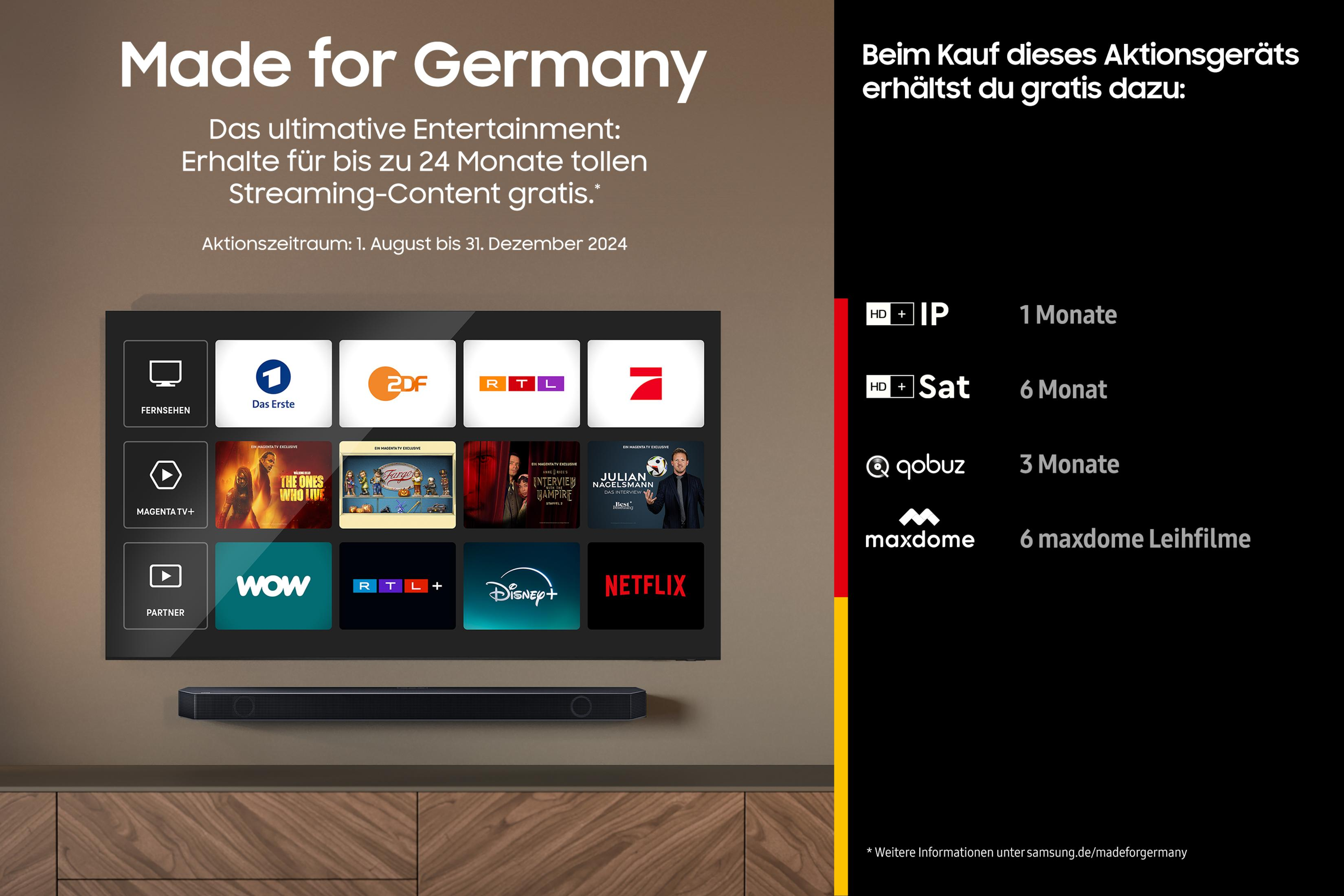 Telewizor z opcjami streamingu: Netflix, Disney+ itp. Plus tekst promocyjny.