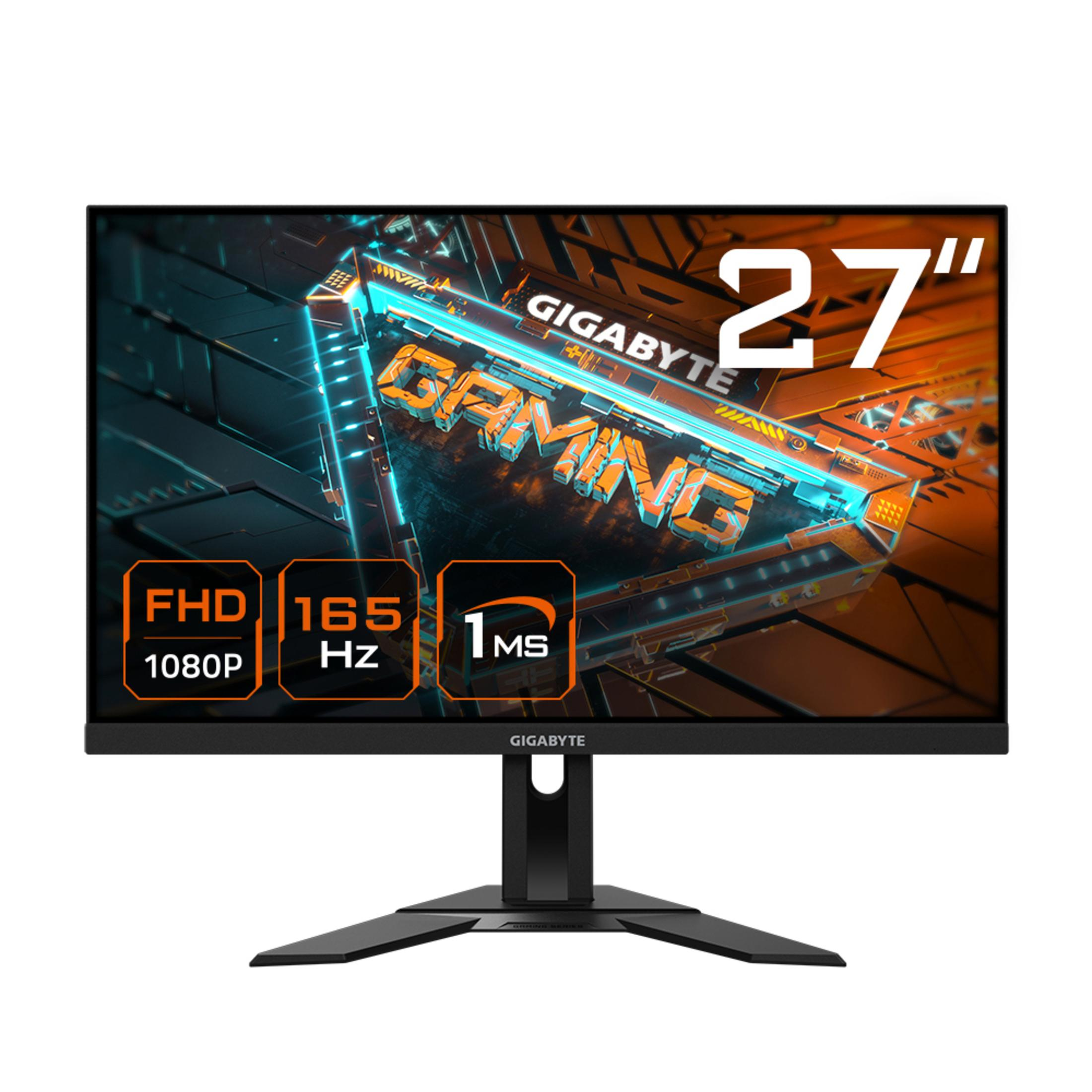 Un monitor da gioco nero con supporto. 27 pollici, 165Hz, 1ms e FHD 1080p.
