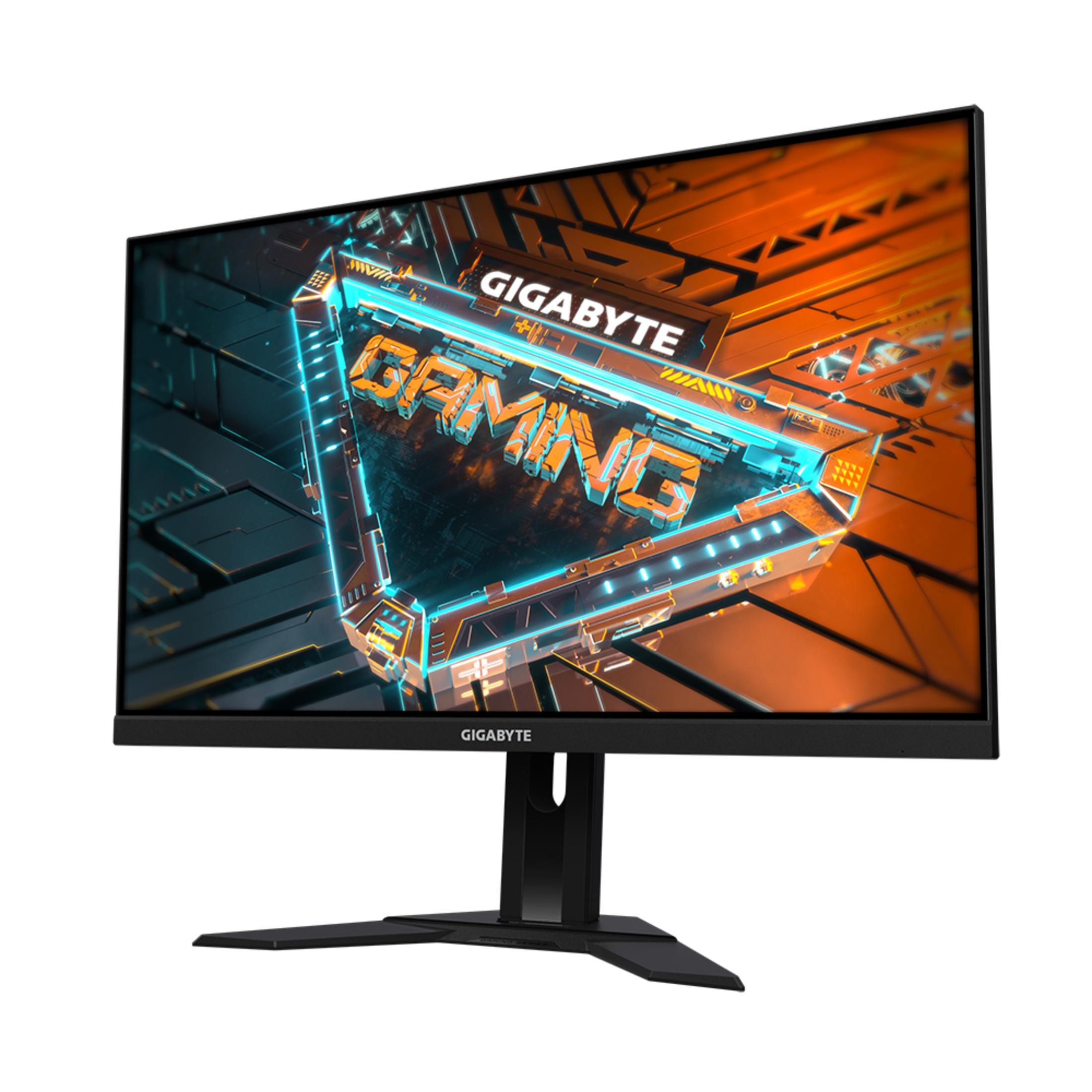 Un monitor da gioco Gigabyte con supporto nero. Lo schermo mostra una grafica di gioco, con un logo.