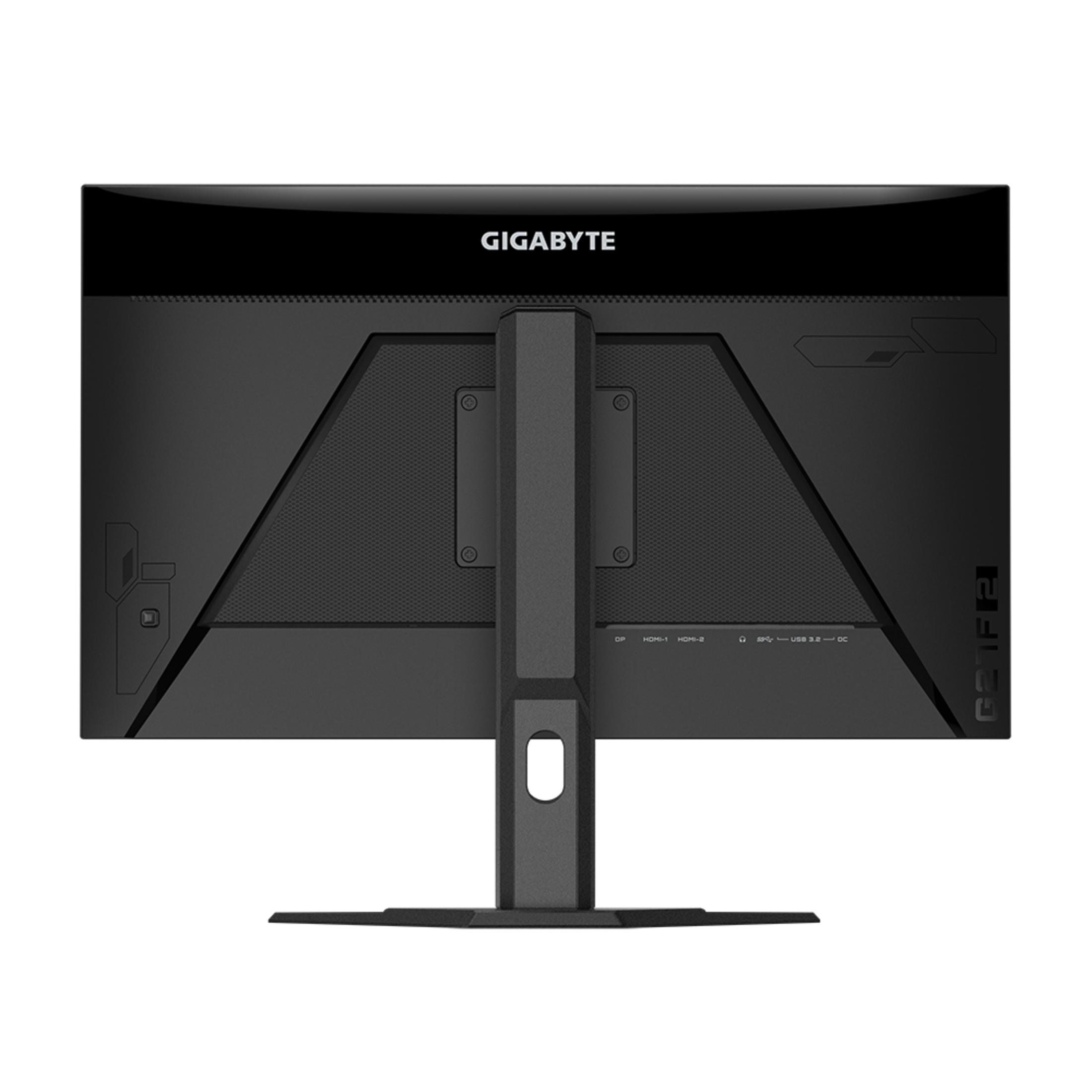 Vista posteriore di un monitor per computer nero con porte e logo GIGABYTE.