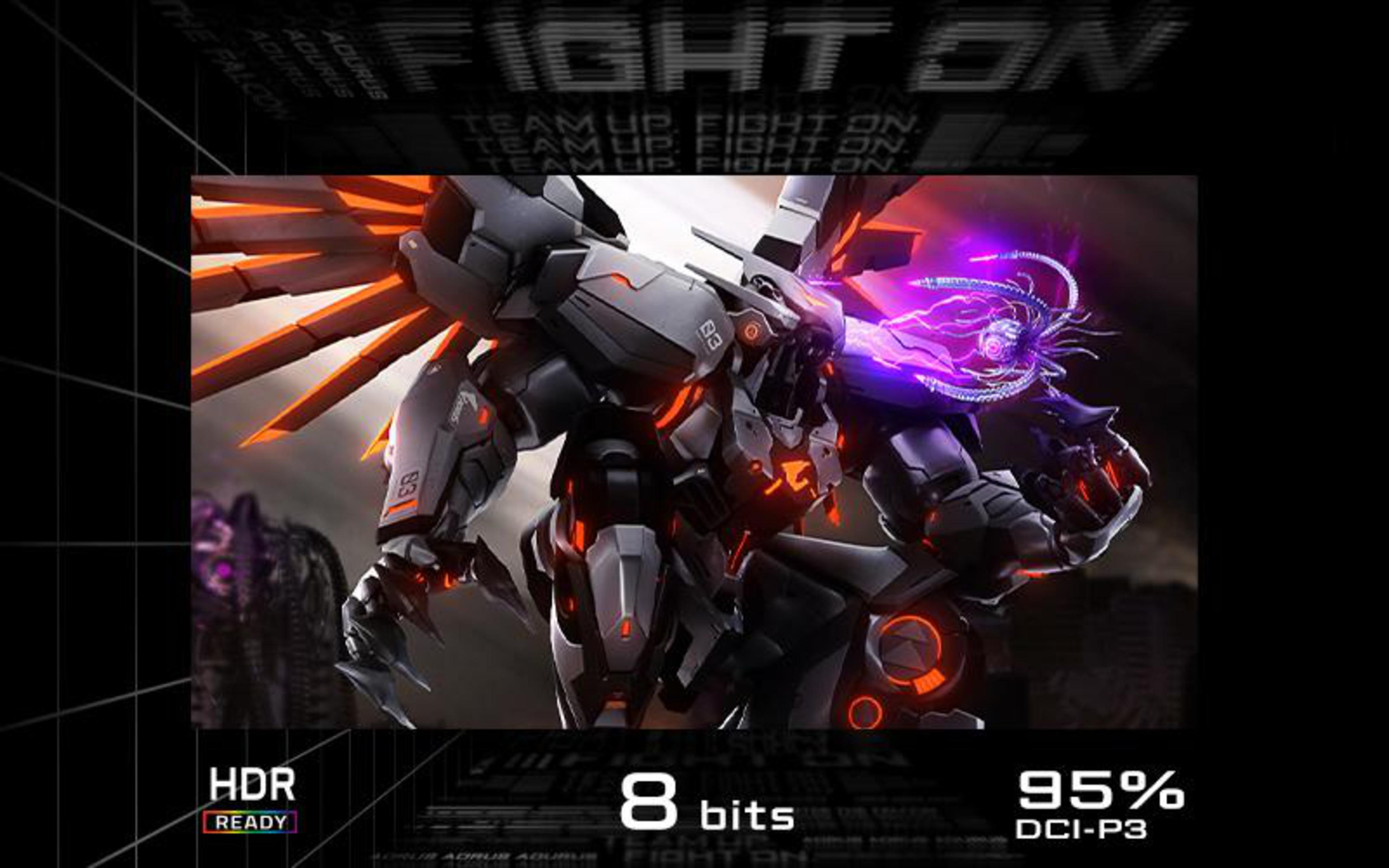Una scena di combattimento tra robot su uno schermo, con le parole 'FIGHT ON' in alto.