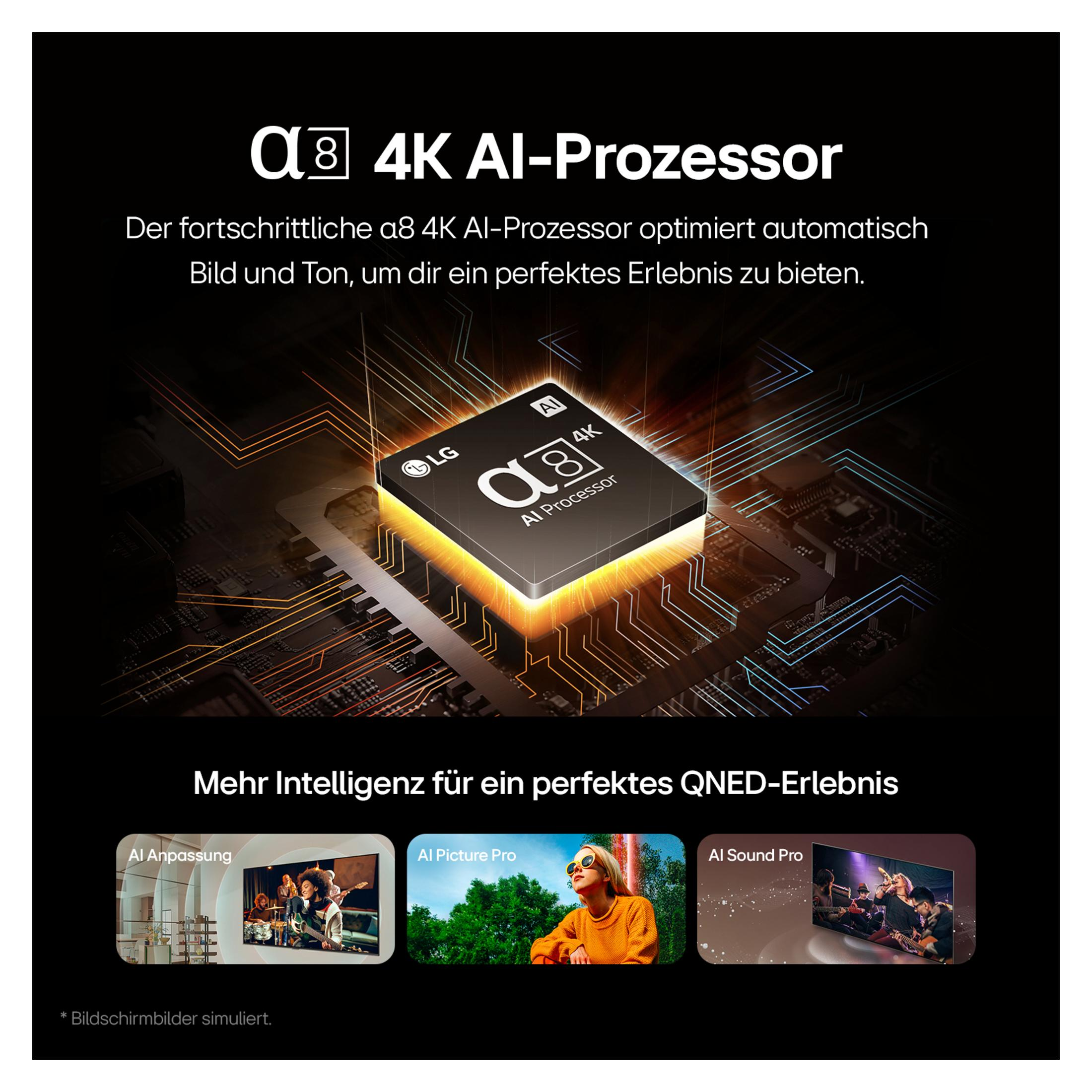 TV-Bildschirm mit Prozessor. Text: 4K AI-Prozessor, QNED-Erlebnis.