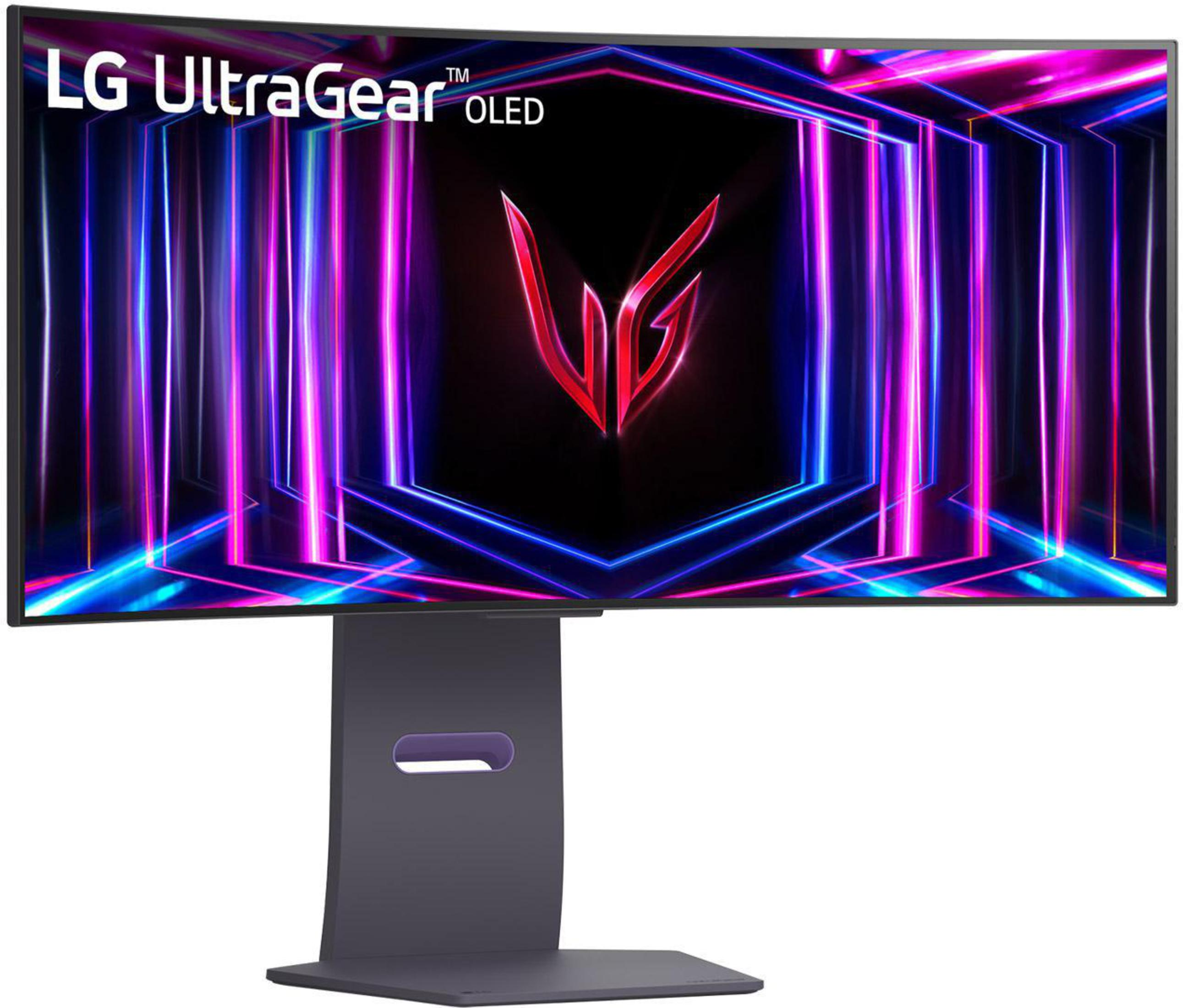 Zakrzywiony monitor LG UltraGear OLED ze stojakiem, z kolorowym wyświetlaczem.