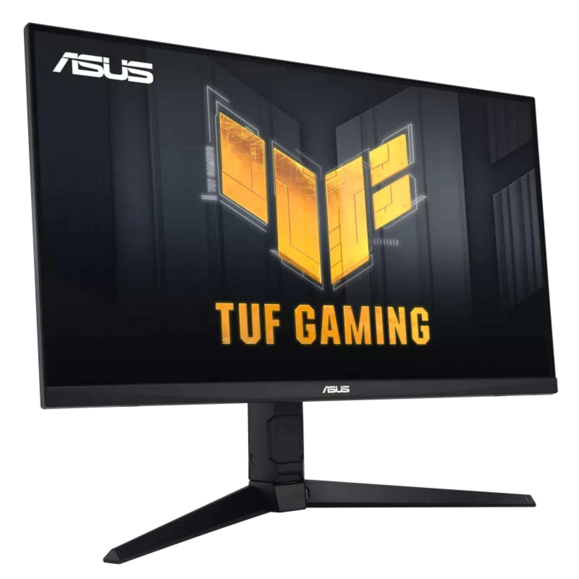 Zwarte computermonitor met TUF GAMING-logo. Het heeft een zwarte standaard op een witte achtergrond.