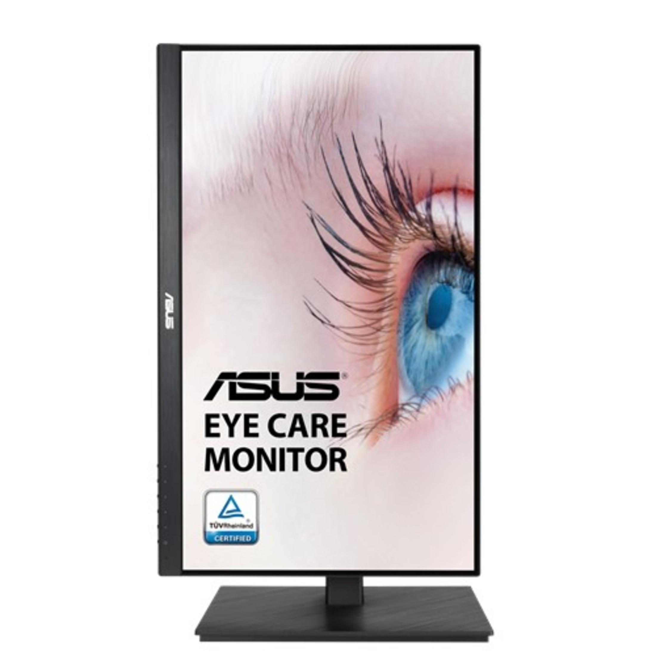 Monitor ASUS Eye Care z zbliżeniem oka na ekranie. Czarny stojak i ramka.