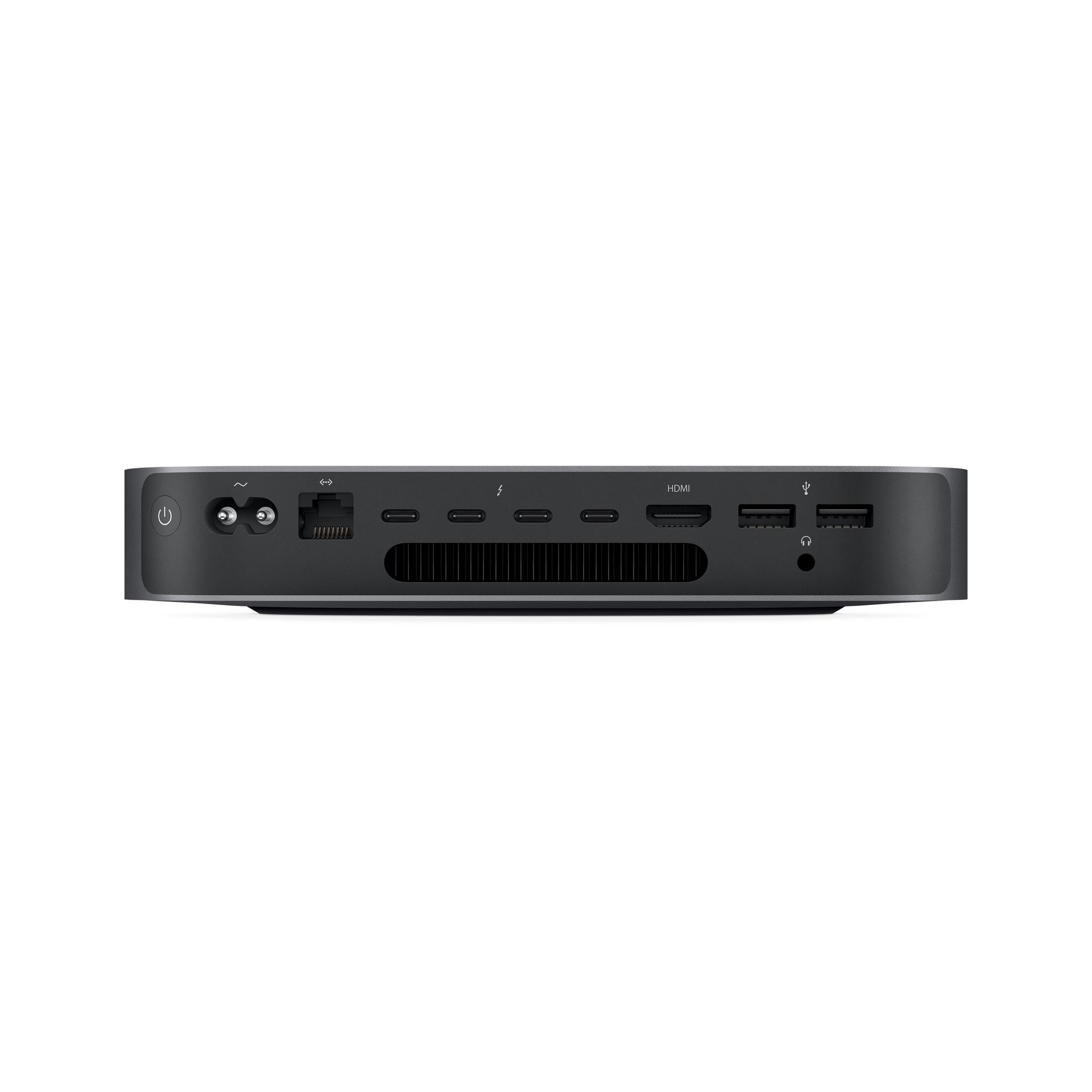 Schwarzer Mac Mini mit Anschlüssen und Power-Taste, weißer Hintergrund.