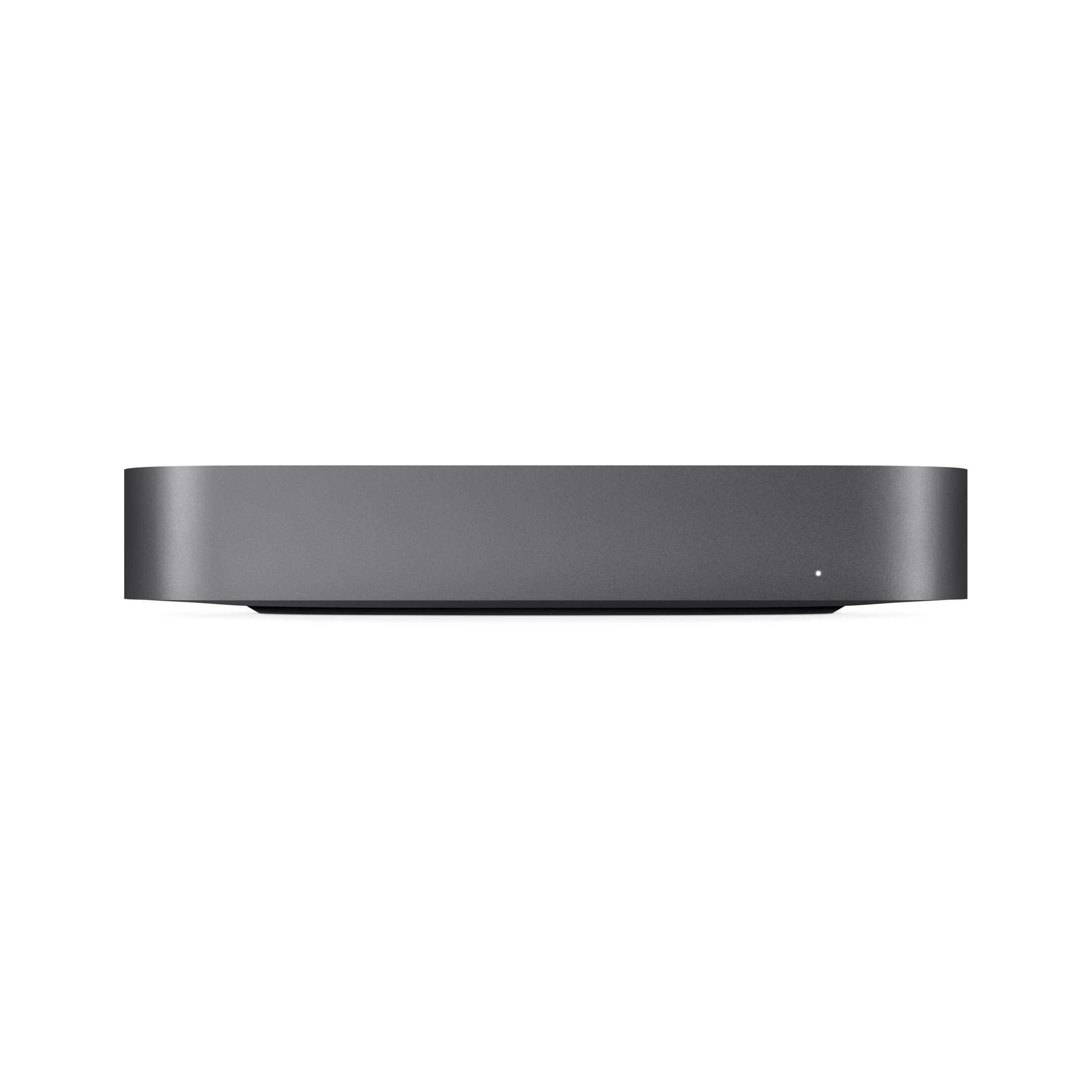 Ein kleiner, grauer Mac Mini-Computer, nach vorne gerichtet.