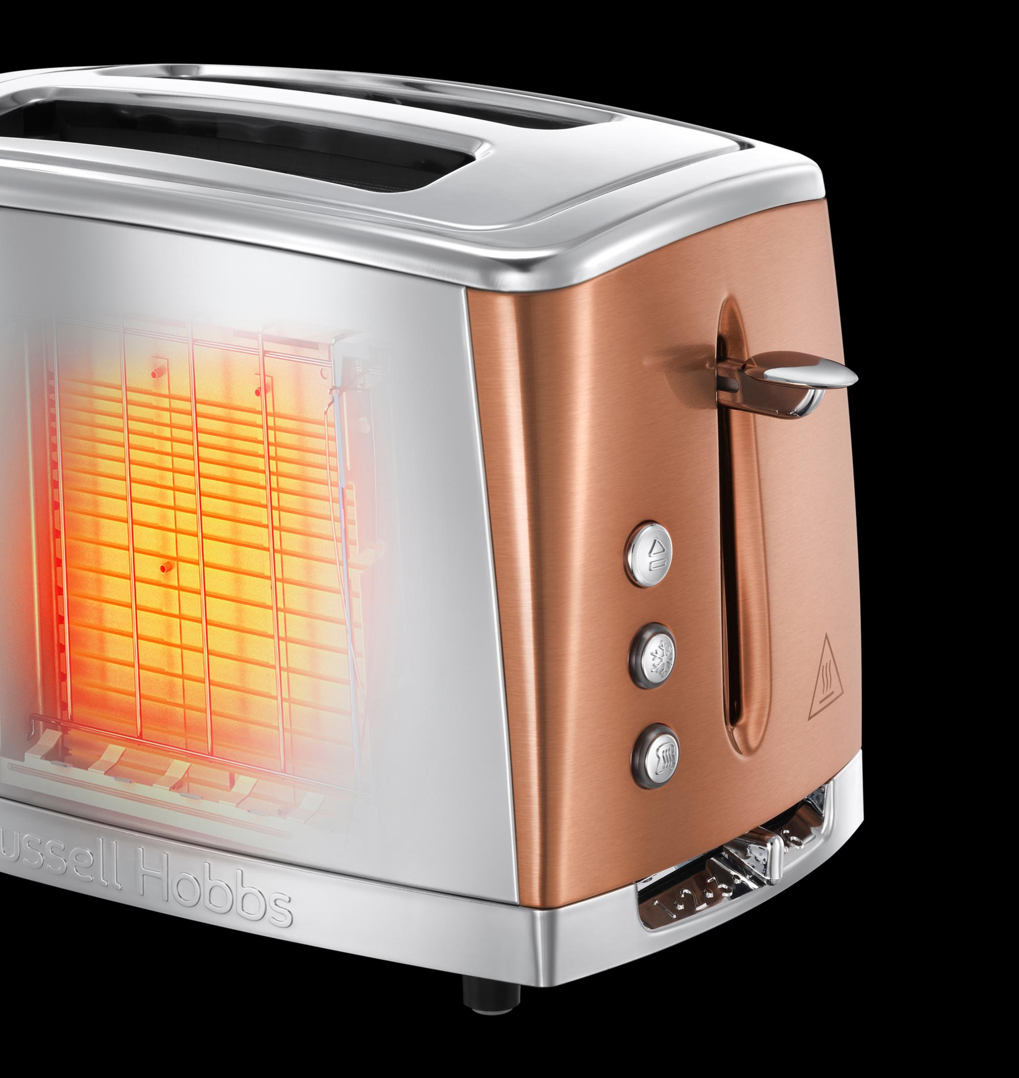 Toaster mit Kupfer- und Silber-Finish. Innen glühende Heizelemente.