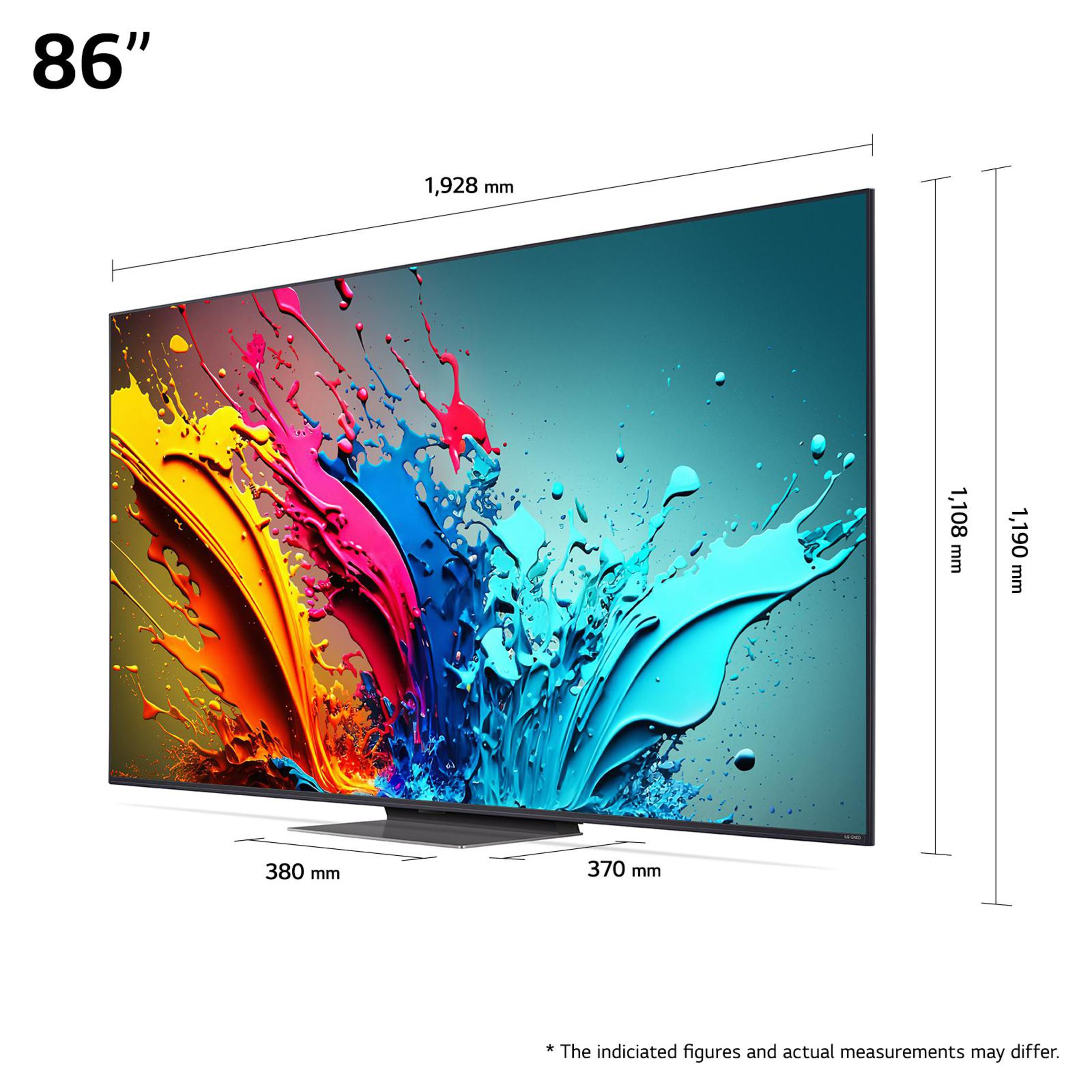 Großer 86"-Fernseher mit farbenfroher abstrakter Kunst auf dem Bildschirm, Abmessungen und Text angegeben.