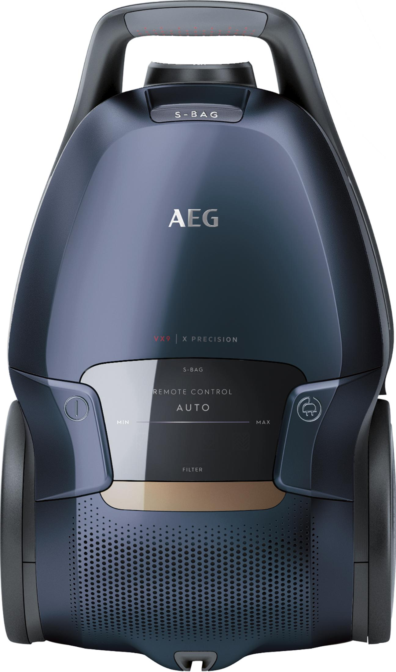 Ciemnoniebieski odkurzacz z widoczną marką AEG.
