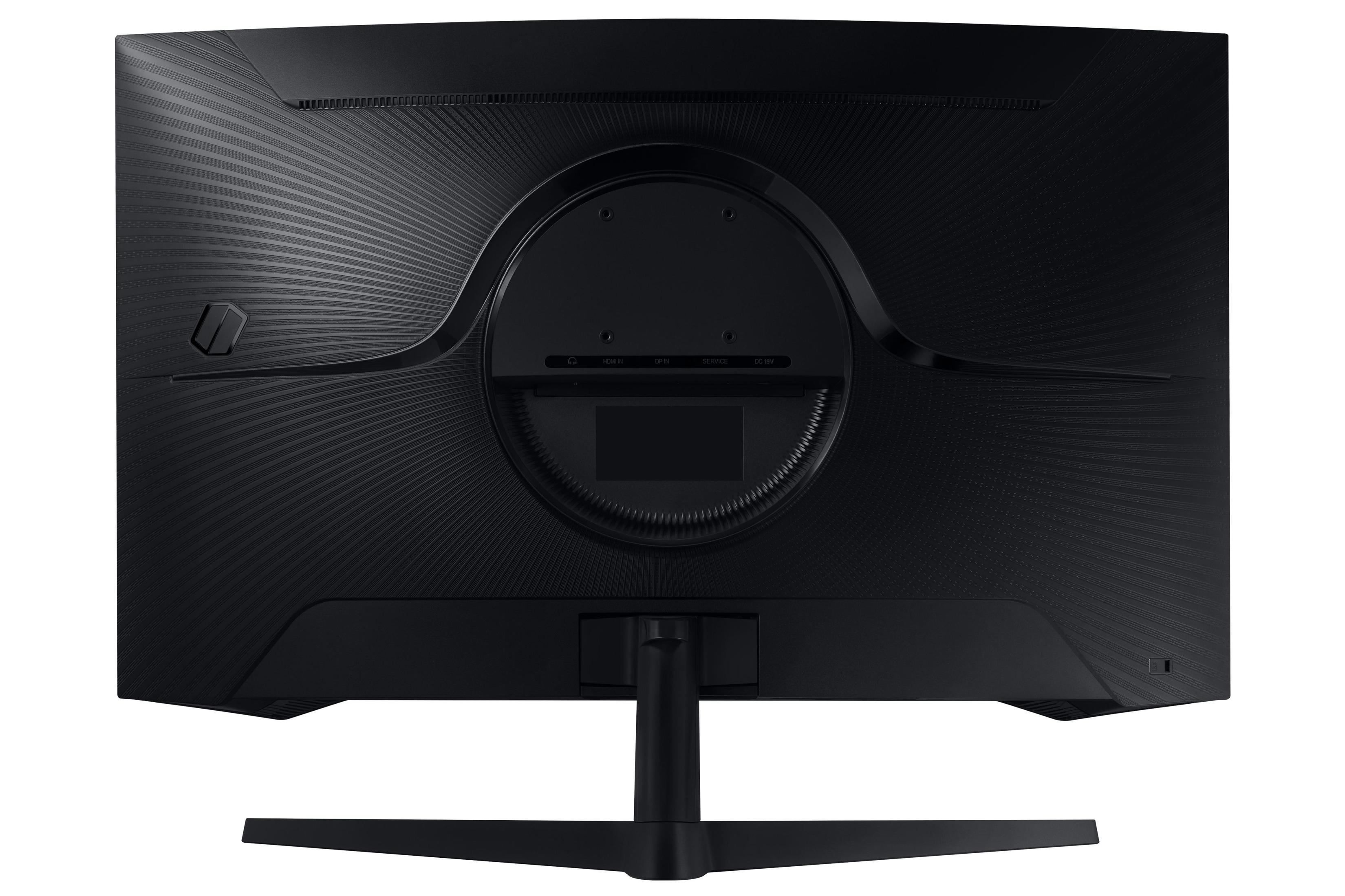 The back of a curved black Samsung monitor with various ports visible.